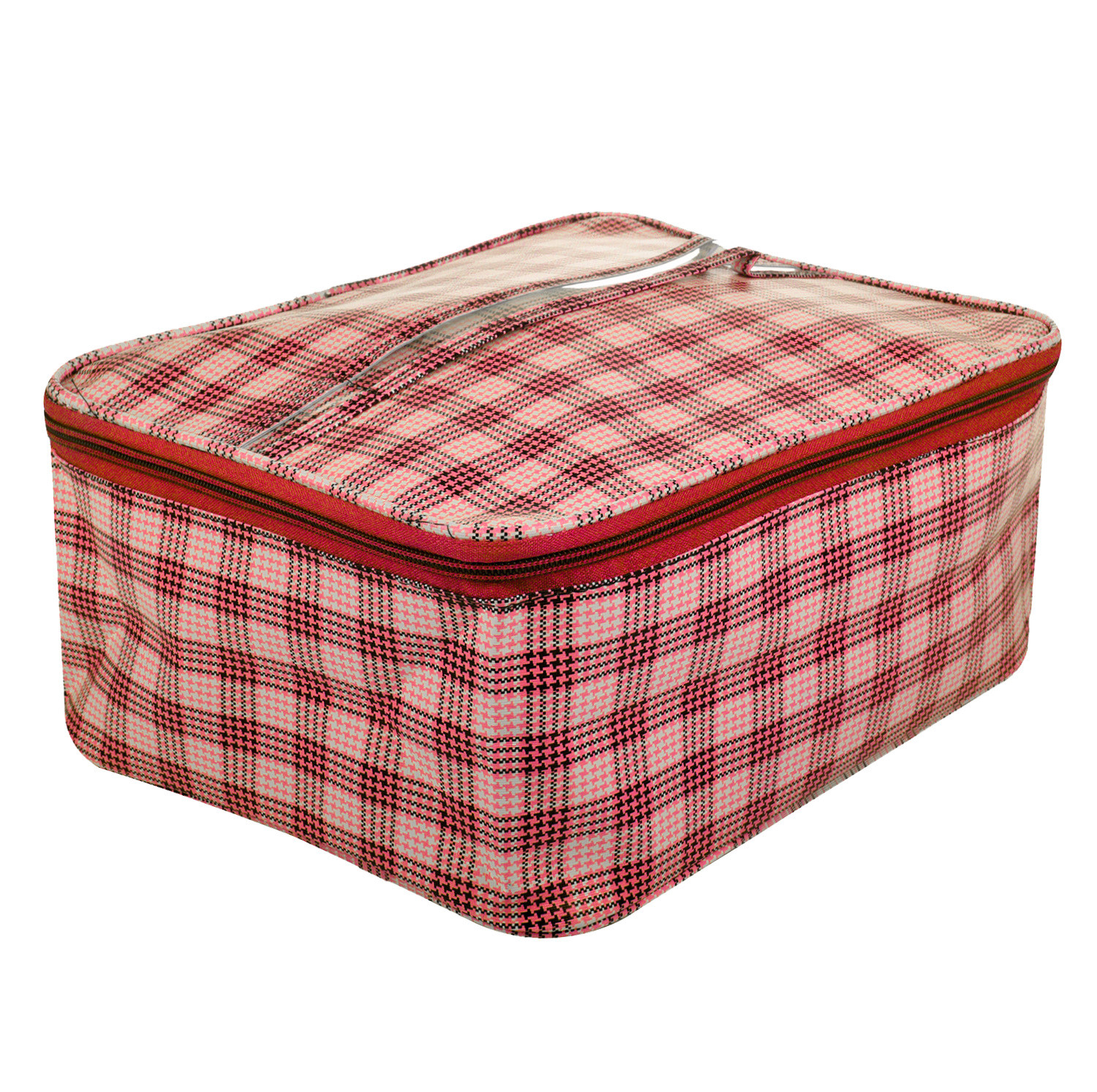 Kuber Industries Under Garment Kit|Rexine Makeup Travel Organizer|Check Print Vanity & Cosmetic Pouch|Toiletry Bag with Handle for Men & Women (Red)