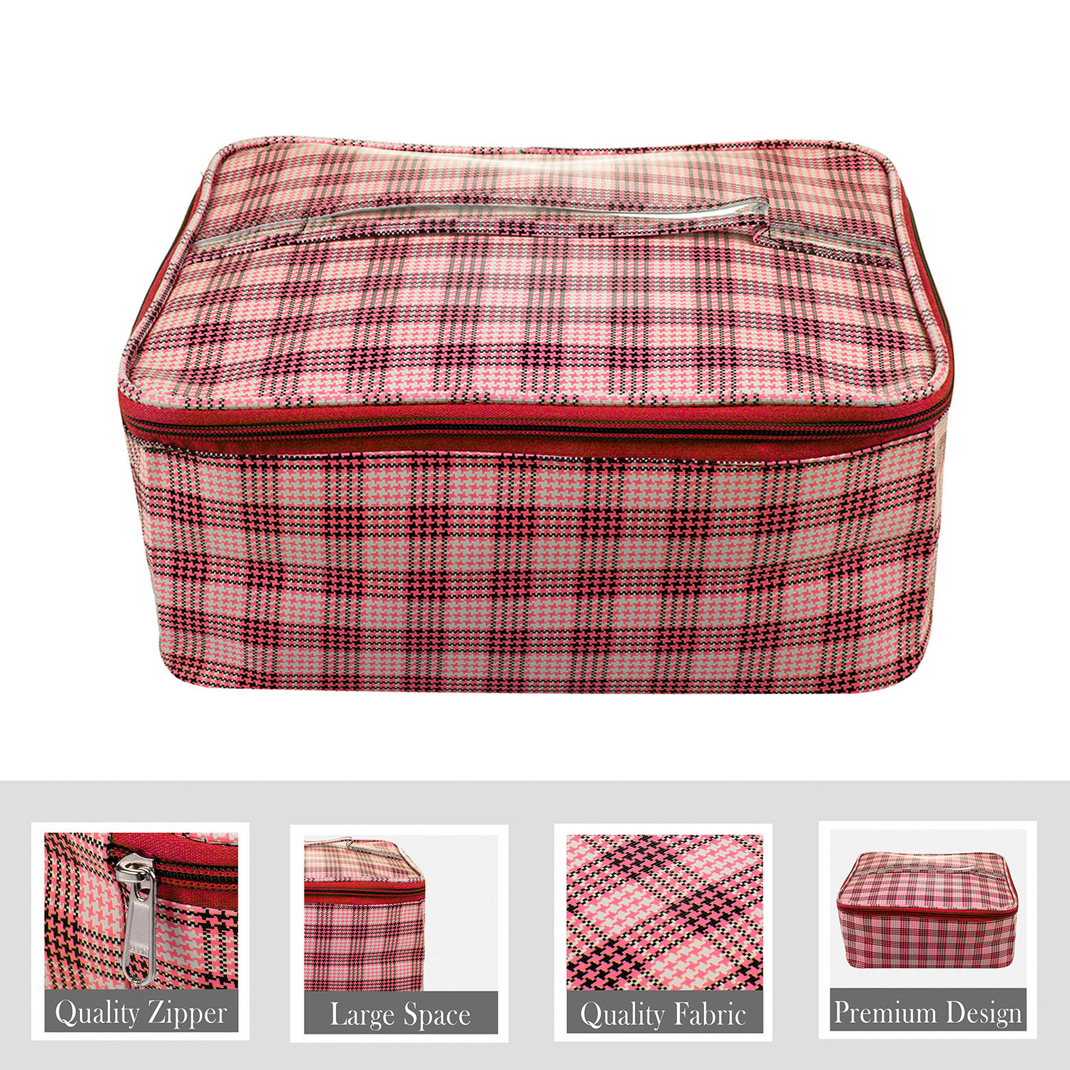 Kuber Industries Under Garment Kit|Rexine Makeup Travel Organizer|Check Print Vanity & Cosmetic Pouch|Toiletry Bag with Handle for Men & Women (Red)