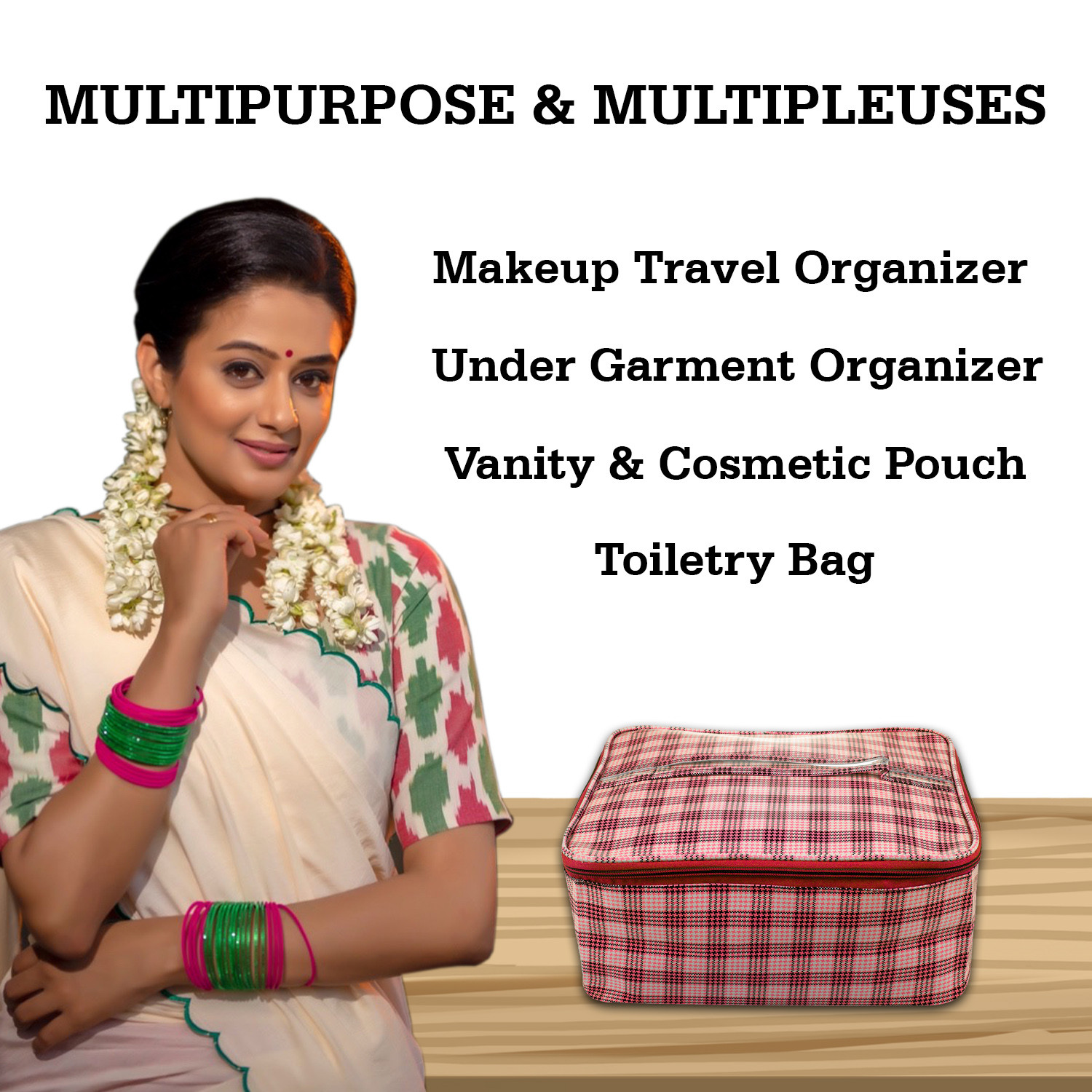 Kuber Industries Under Garment Kit|Rexine Makeup Travel Organizer|Check Print Vanity & Cosmetic Pouch|Toiletry Bag with Handle for Men & Women (Red)