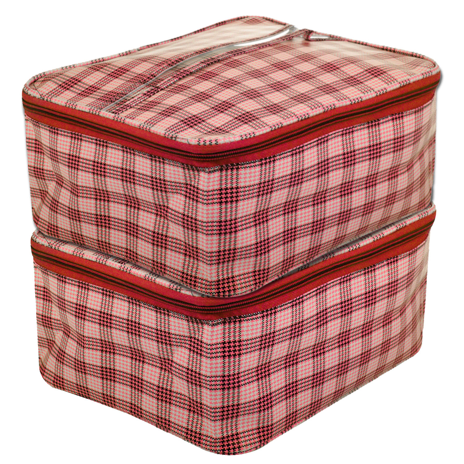 Kuber Industries Under Garment Kit|Rexine Makeup Travel Organizer|Check Print Vanity & Cosmetic Pouch|Toiletry Bag with Handle for Men & Women (Red)