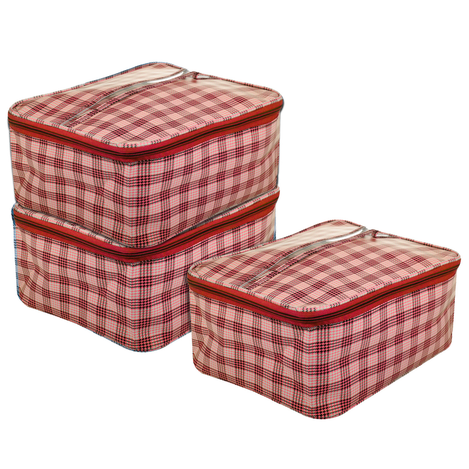 Kuber Industries Under Garment Kit|Rexine Makeup Travel Organizer|Check Print Vanity & Cosmetic Pouch|Toiletry Bag with Handle for Men & Women (Red)