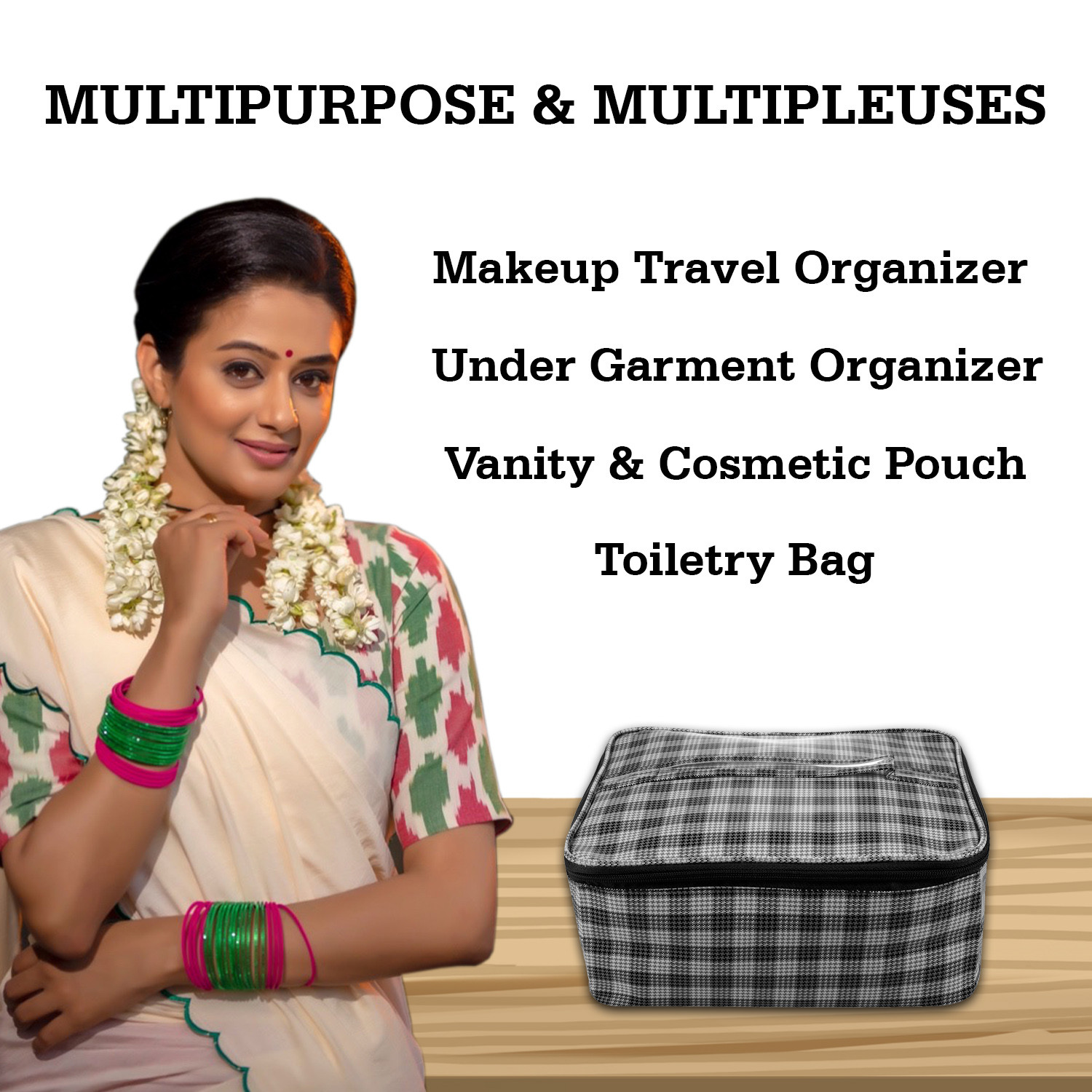 Kuber Industries Under Garment Kit|Rexine Makeup Travel Organizer|Check Print Vanity & Cosmetic Pouch|Toiletry Bag with Handle for Men & Women (Gray)