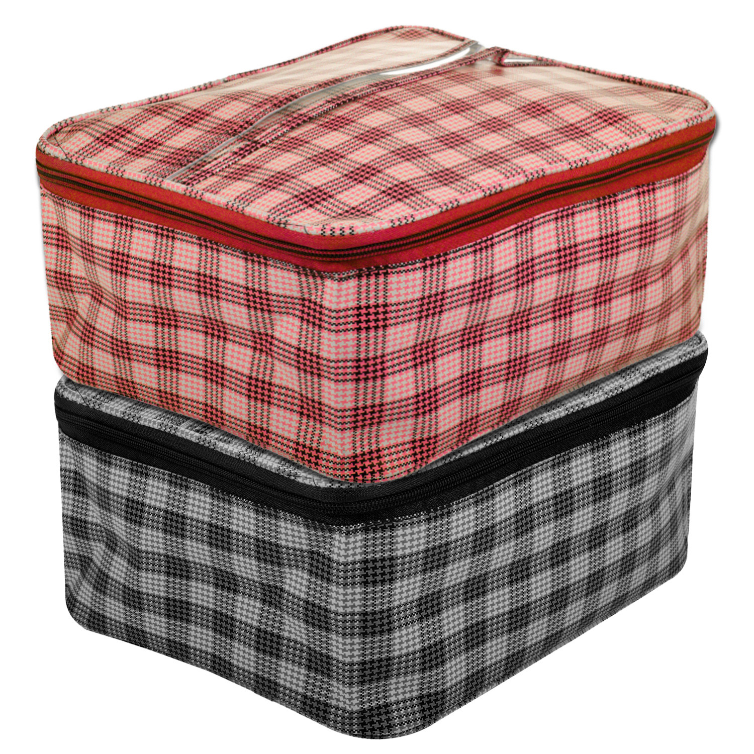 Kuber Industries Under Garment Kit|Rexine Makeup Travel Organizer|Check Print Vanity & Cosmetic Pouch|Toiletry Bag with Handle for Men & Women|Pack of 2 (Red & Grey)