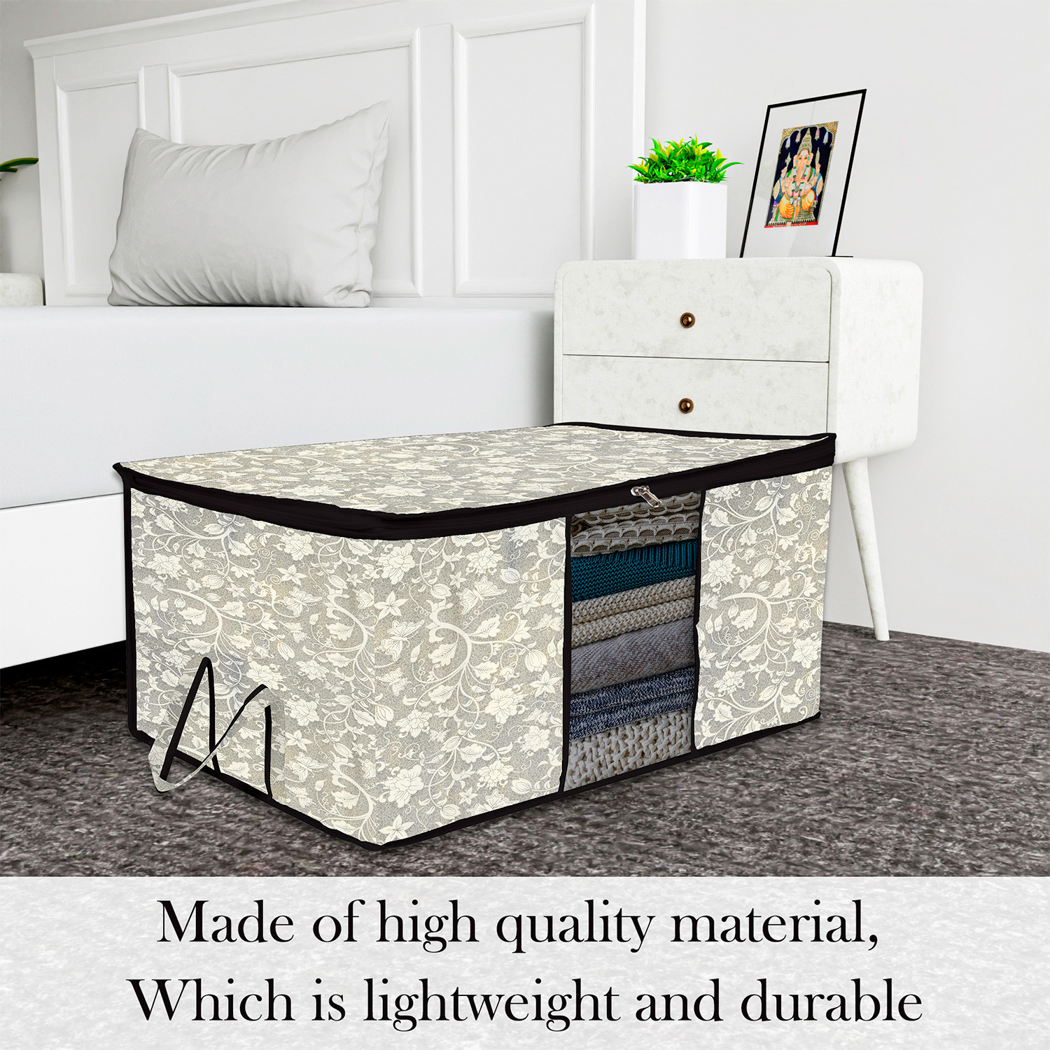 Kuber Industries Underbed Storage Bag   Clothes Storage Organizer  Blanket Cover with Clear Window  Zipper Closure  Handle Cloth Organizer  Flower-Design  Large  Pack of 2  Black