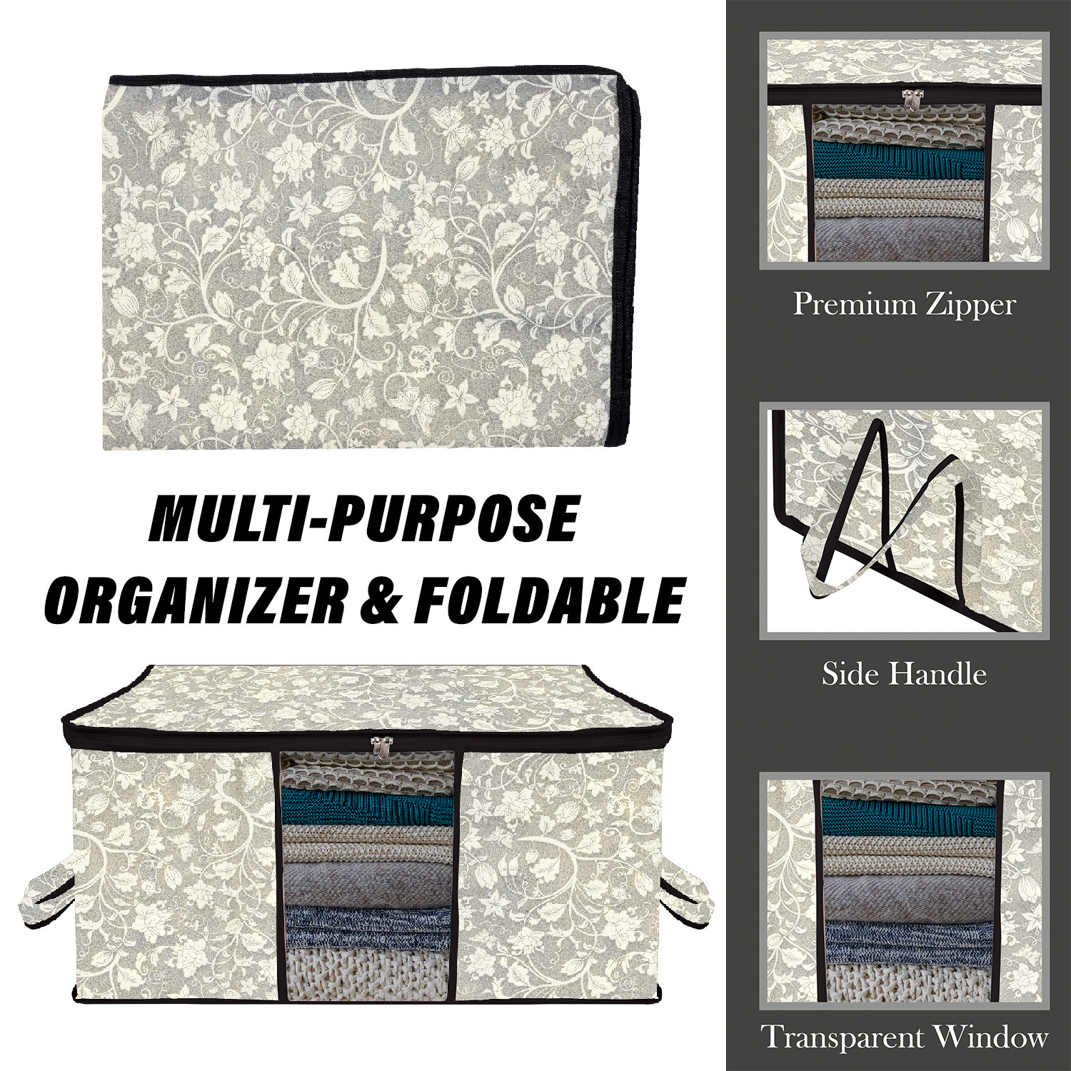 Kuber Industries Underbed Storage Bag   Clothes Storage Organizer  Blanket Cover with Clear Window  Zipper Closure  Handle Cloth Organizer  Flower-Design  Large  Pack of 2  Black