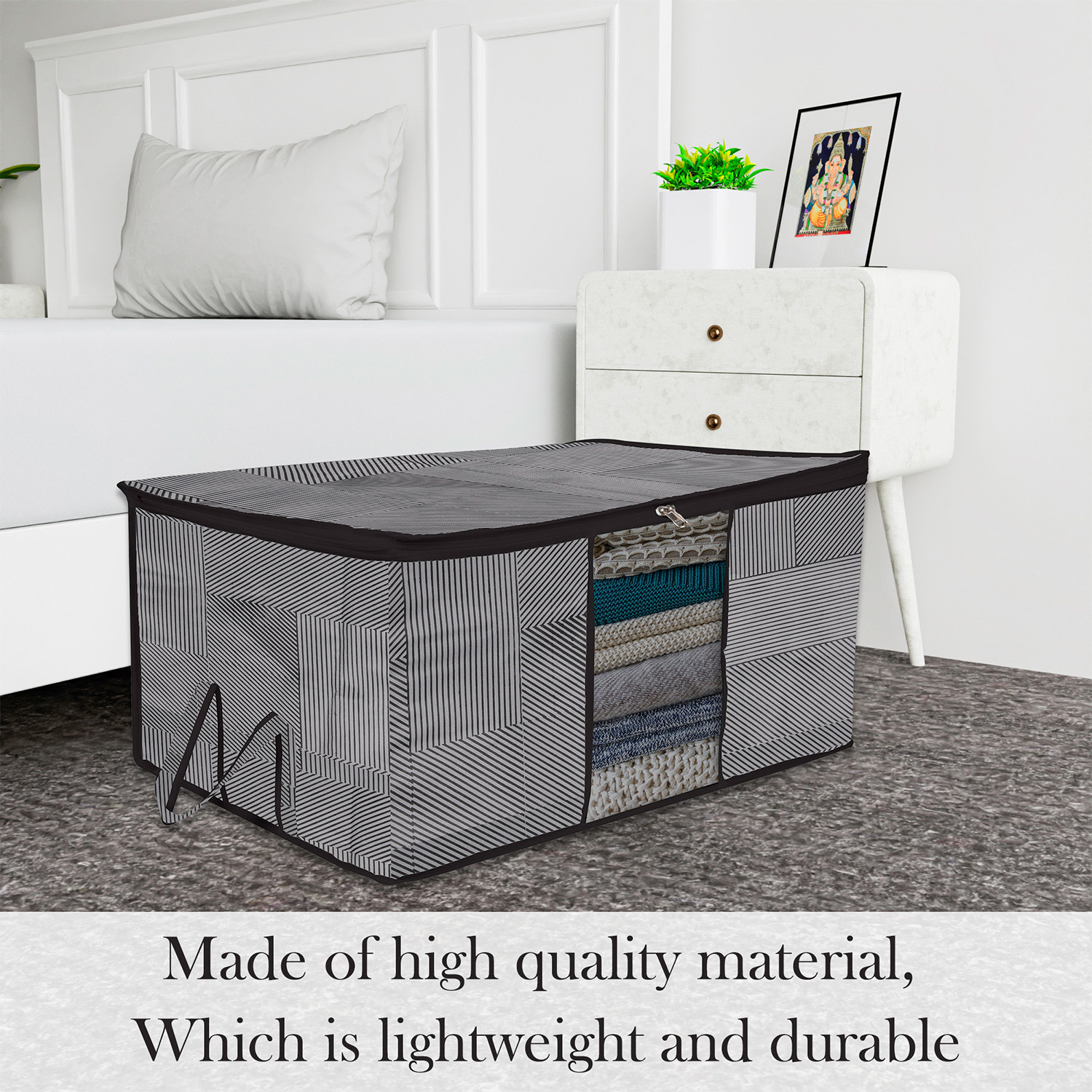 Kuber Industries Underbed Storage Bag   Clothes Storage Organizer  Blanket Cover with Clear Window  Zipper Closure  Handle Cloth Organizer  Lining-Design  Large  Pack of 2  Gray