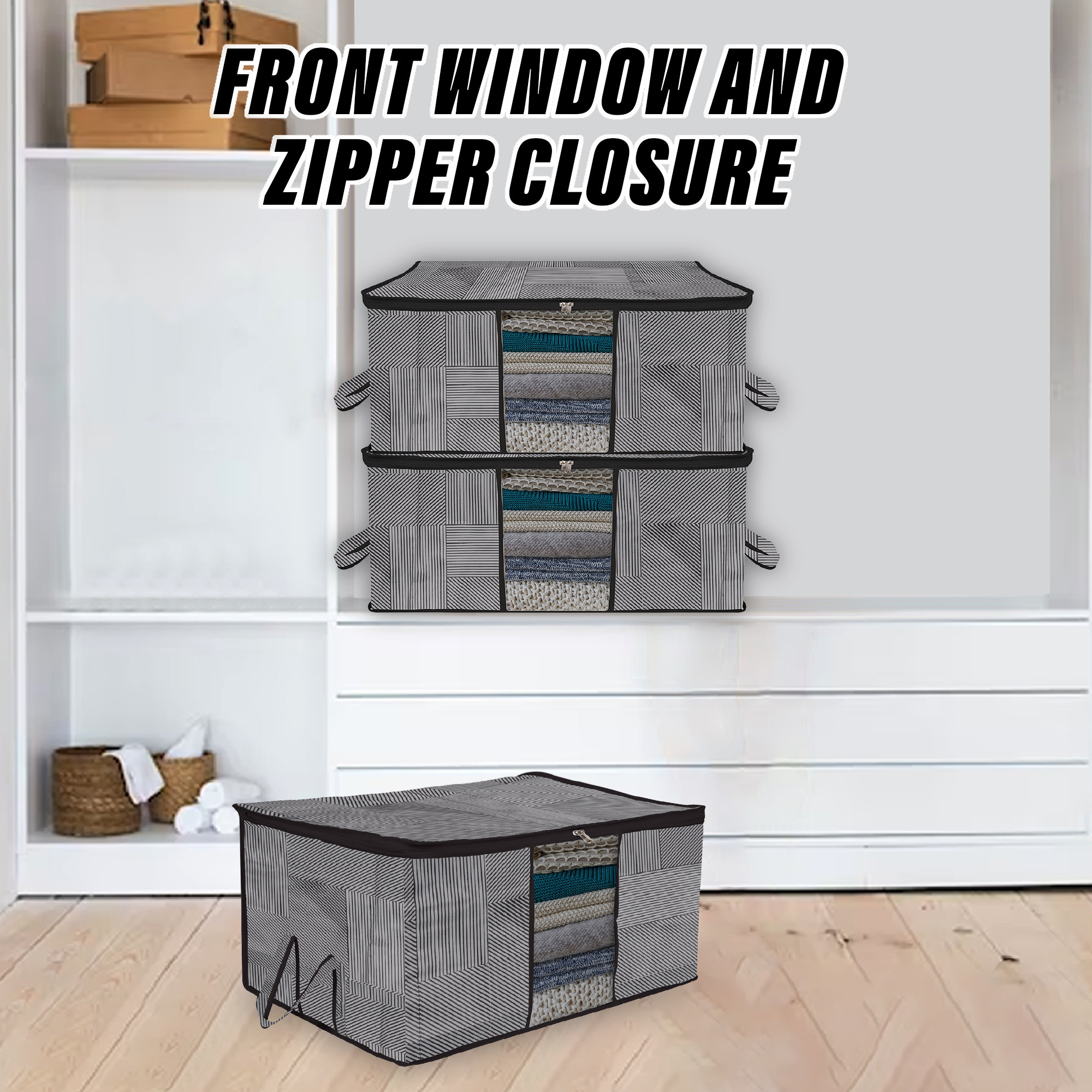 Kuber Industries Underbed Storage Bag   Clothes Storage Organizer  Blanket Cover with Clear Window  Zipper Closure  Handle Cloth Organizer  Lining-Design  Large  Pack of 2  Gray