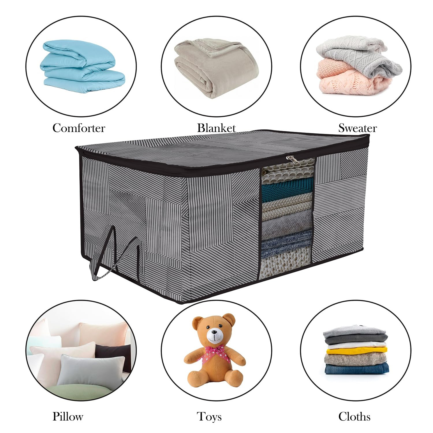 Kuber Industries Underbed Storage Bag   Clothes Storage Organizer  Blanket Cover with Clear Window  Zipper Closure  Handle Cloth Organizer  Lining-Design  Large  Pack of 2  Gray