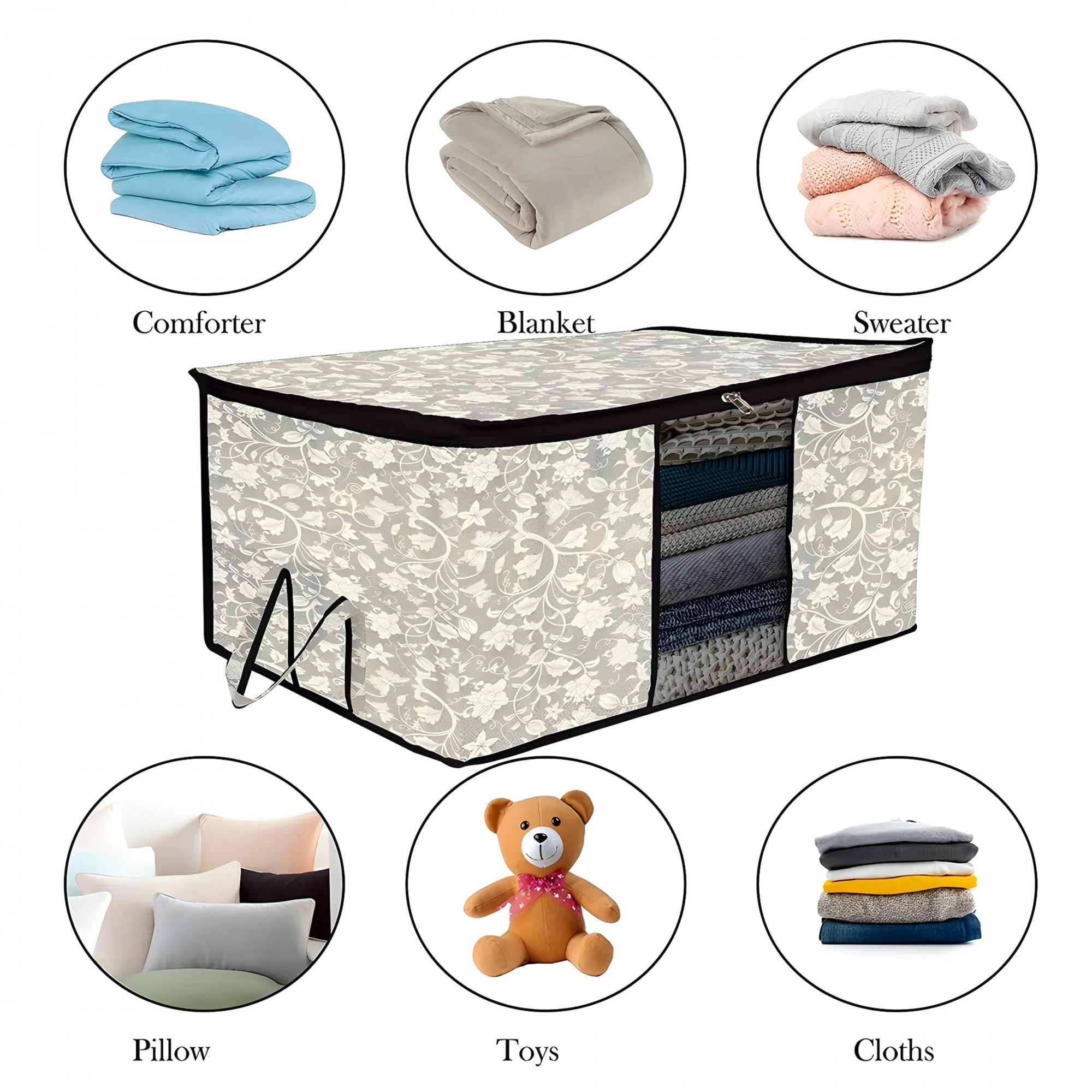 Kuber Industries Underbed Storage Bag   Clothes Storage Organizer  Blanket Cover with Clear Window  Zipper Closure  Handle Cloth Organizer  Flower-Design  Large  Pack of 2  Black