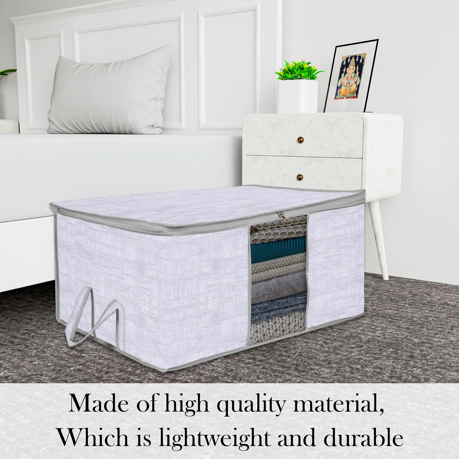 Kuber Industries Underbed Storage Bag  Clothes Storage Organizer  Clear Window Blanket Cover  Cloth Organizer with Handle  Jute Printed-Design  Large  Pack of 2  Gray