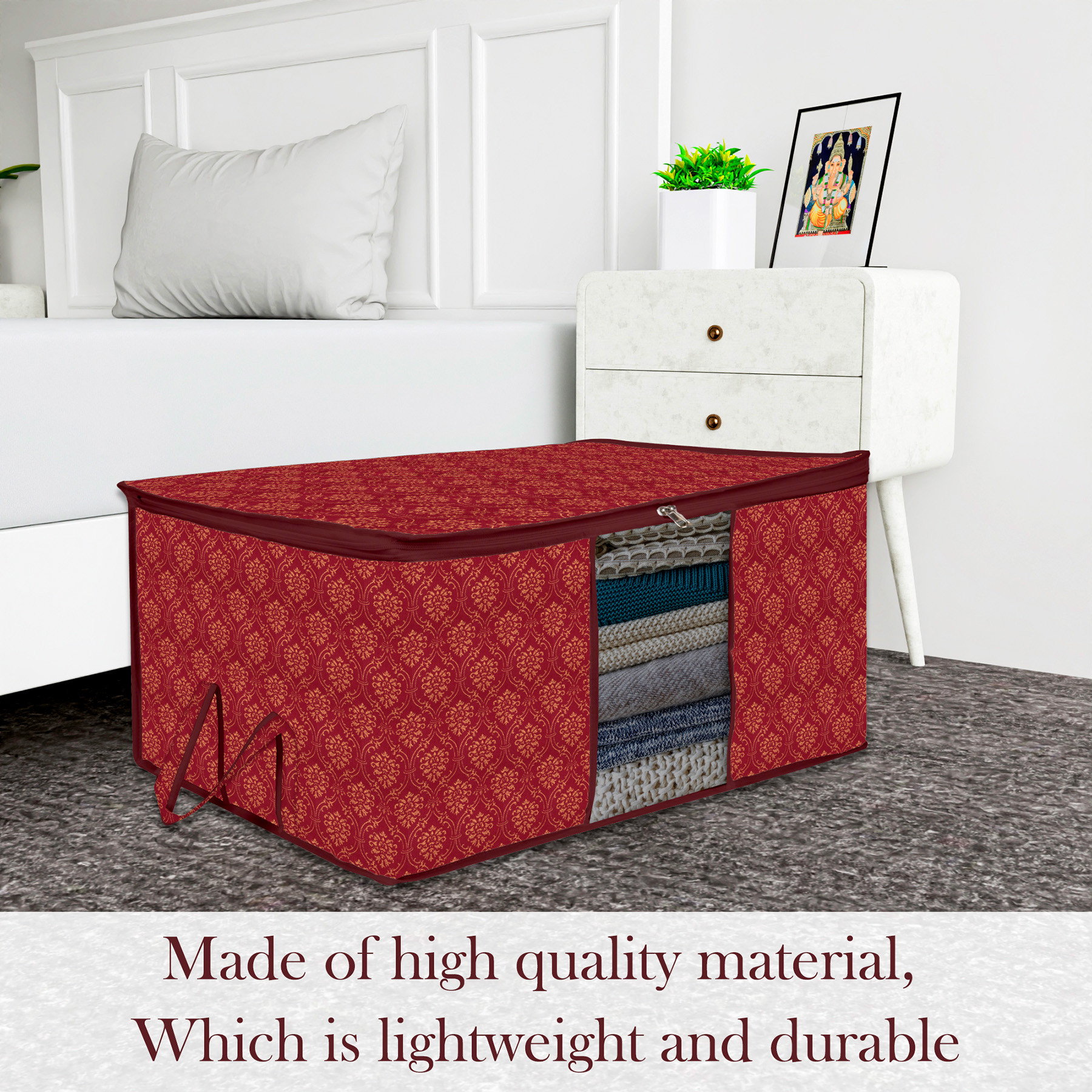 Kuber Industries Underbed Storage Bag  Clothes Storage Organizer  Clear Window Blanket Cover  Cloth Organizer with Handle  Golden Printed-Design  Large  Pack of 2  Maroon