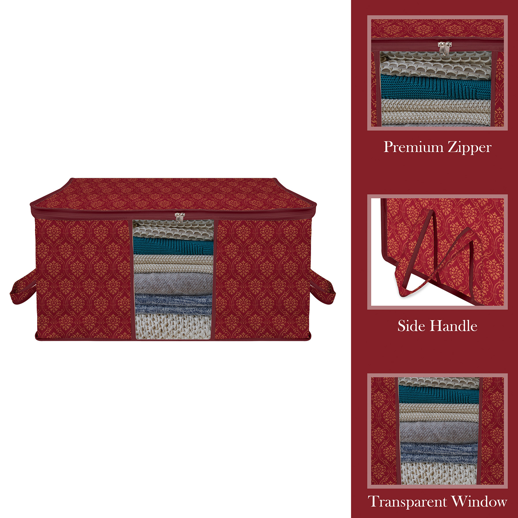 Kuber Industries Underbed Storage Bag  Clothes Storage Organizer  Clear Window Blanket Cover  Cloth Organizer with Handle  Golden Printed-Design  Large  Pack of 2  Maroon