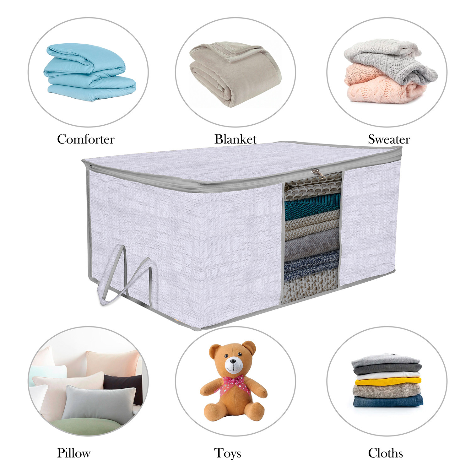 Kuber Industries Underbed Storage Bag | Clothes Storage Organizer | Clear Window Blanket Cover | Cloth Organizer with Handle | Jute Printed-Design | Large |Gray