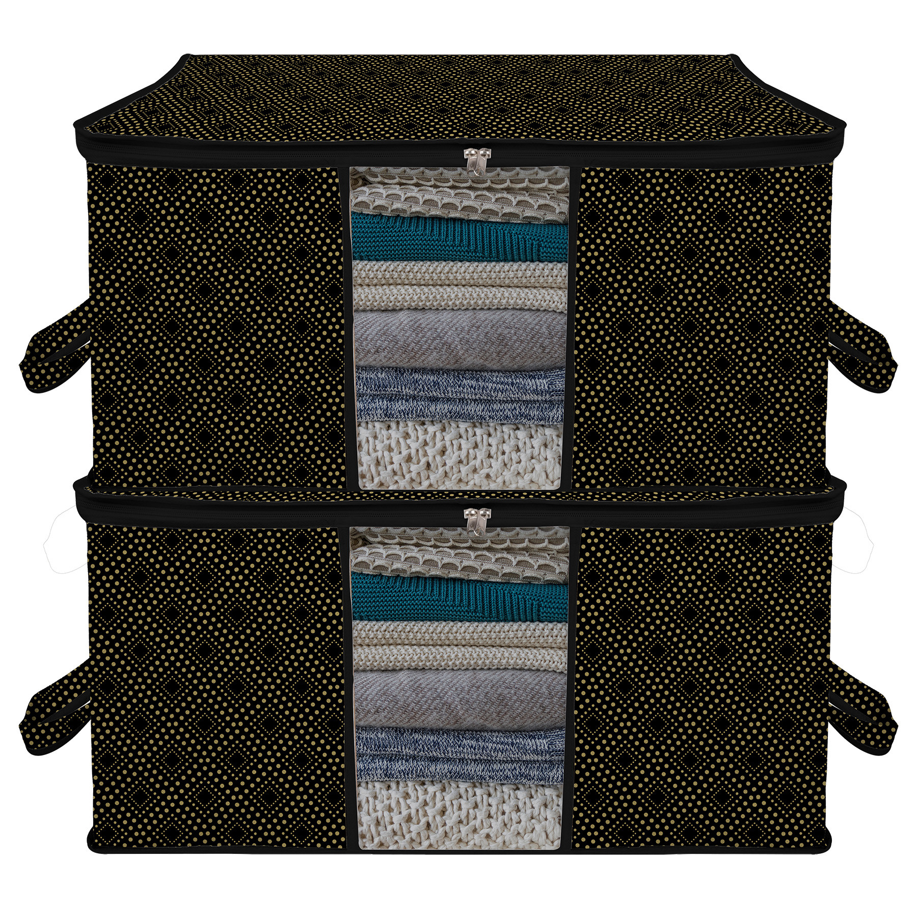 Kuber Industries Underbed Storage Bag | Clothes Storage Organizer | Clear Window Blanket Cover | Cloth Organizer with Handle | Golden Dot-Design | Large |Black