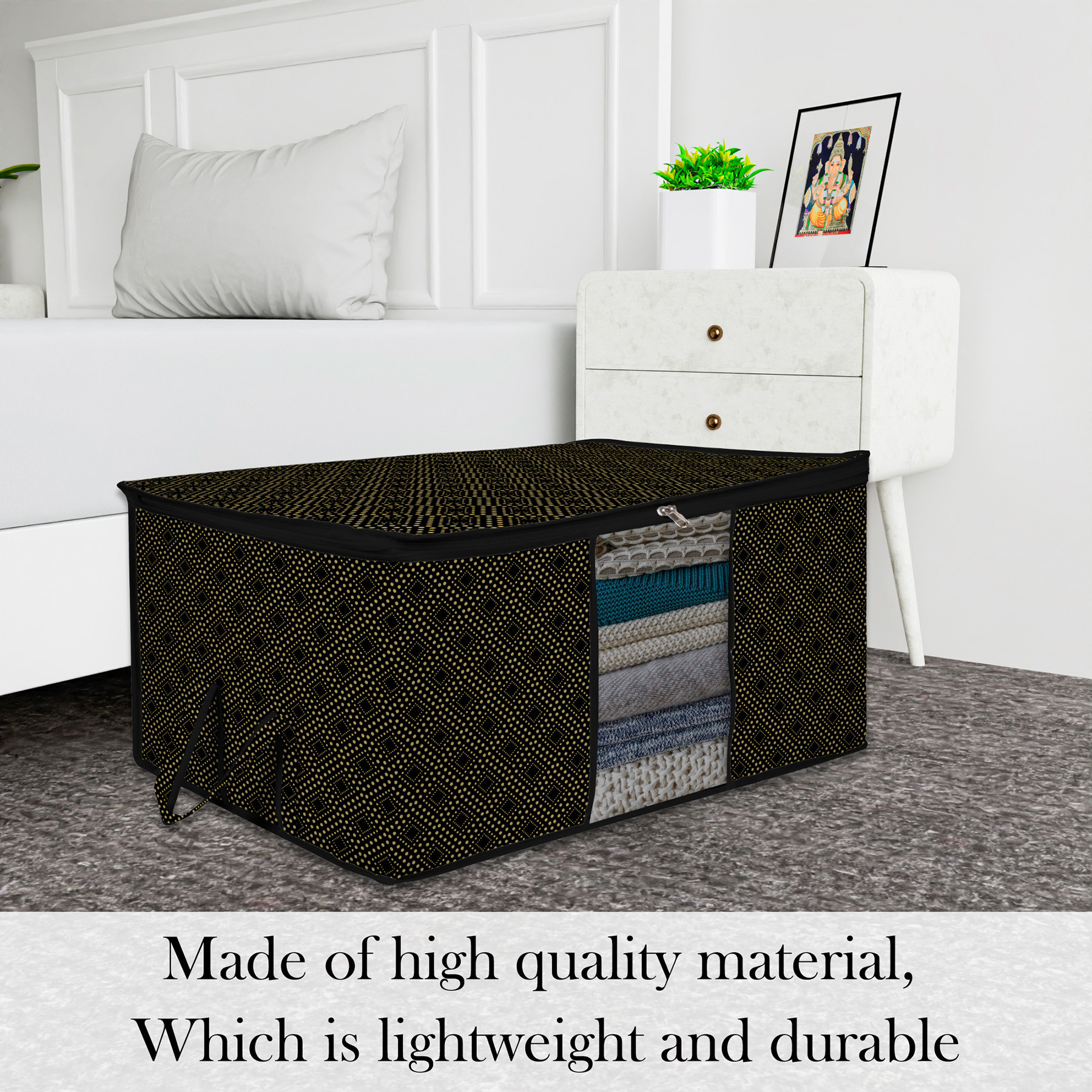 Kuber Industries Underbed Storage Bag | Clothes Storage Organizer | Clear Window Blanket Cover | Cloth Organizer with Handle | Golden Dot-Design | Large |Black