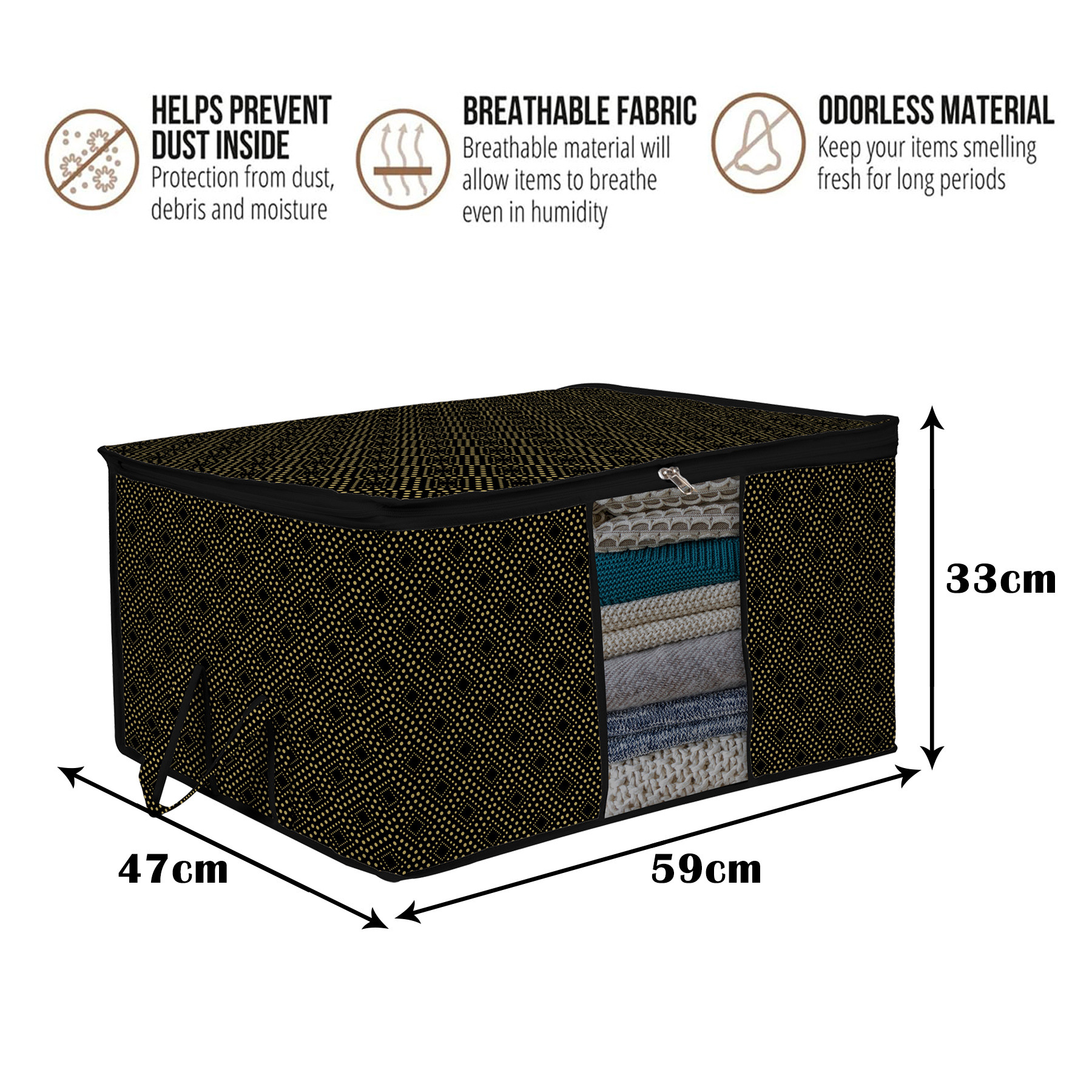 Kuber Industries Underbed Storage Bag | Clothes Storage Organizer | Clear Window Blanket Cover | Cloth Organizer with Handle | Golden Dot-Design | Large |Black