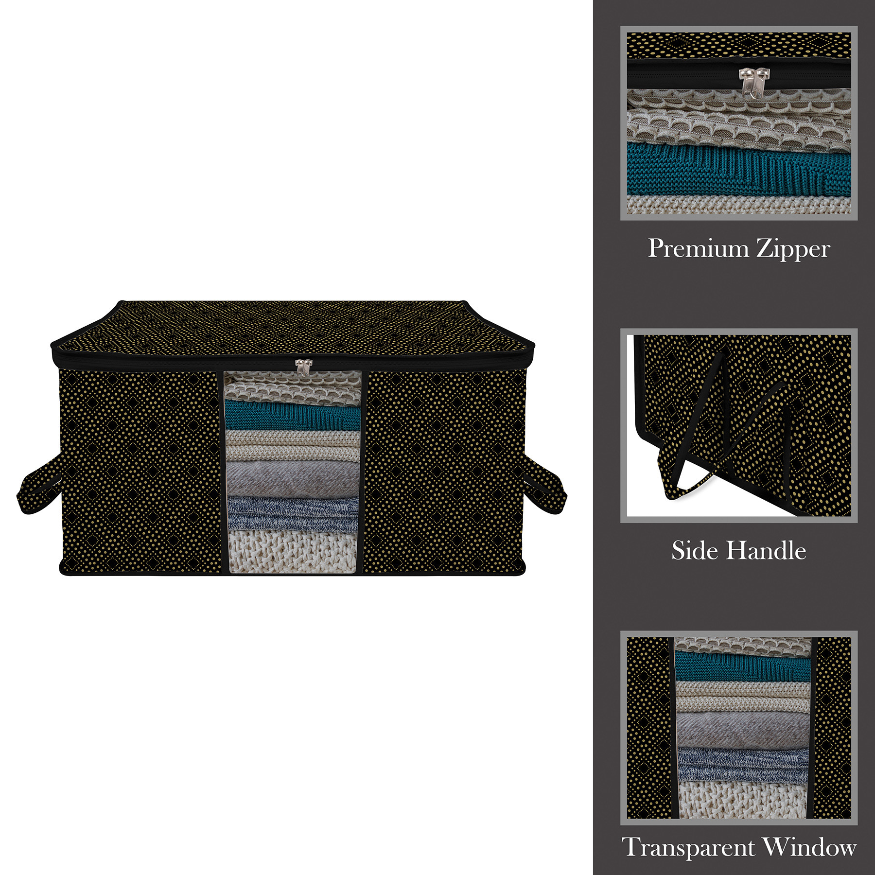 Kuber Industries Underbed Storage Bag | Clothes Storage Organizer | Clear Window Blanket Cover | Cloth Organizer with Handle | Golden Dot-Design | Large |Black