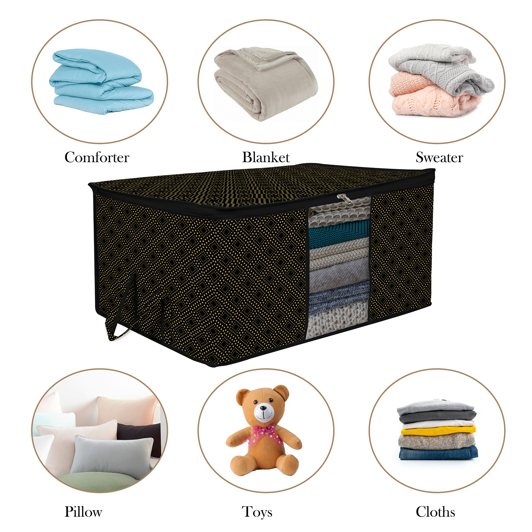 Kuber Industries Underbed Storage Bag | Clothes Storage Organizer | Clear Window Blanket Cover | Cloth Organizer with Handle | Golden Dot-Design | Large |Black