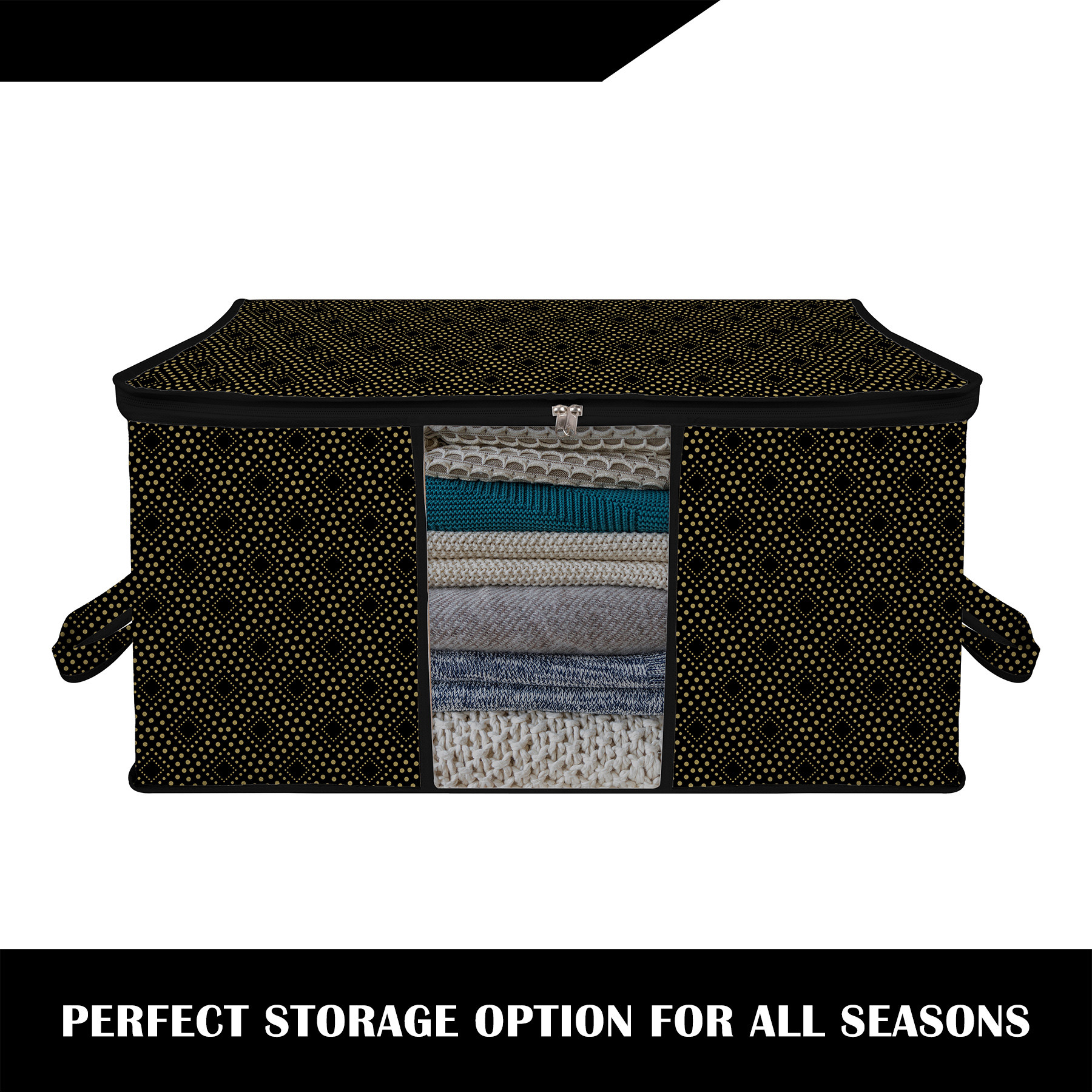 Kuber Industries Underbed Storage Bag | Clothes Storage Organizer | Clear Window Blanket Cover | Cloth Organizer with Handle | Golden Dot-Design | Large |Black