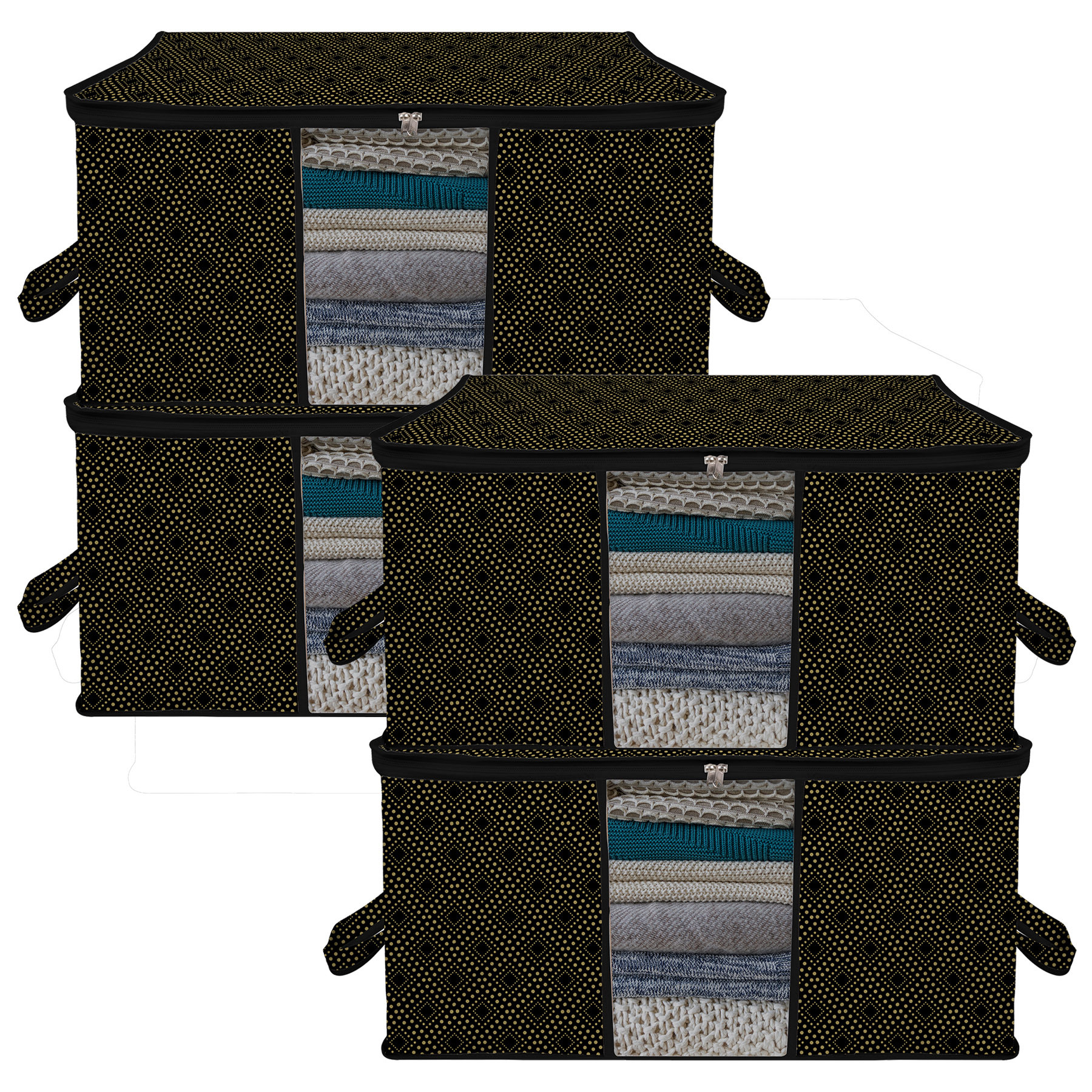 Kuber Industries Underbed Storage Bag | Clothes Storage Organizer | Clear Window Blanket Cover | Cloth Organizer with Handle | Golden Dot-Design | Large |Black