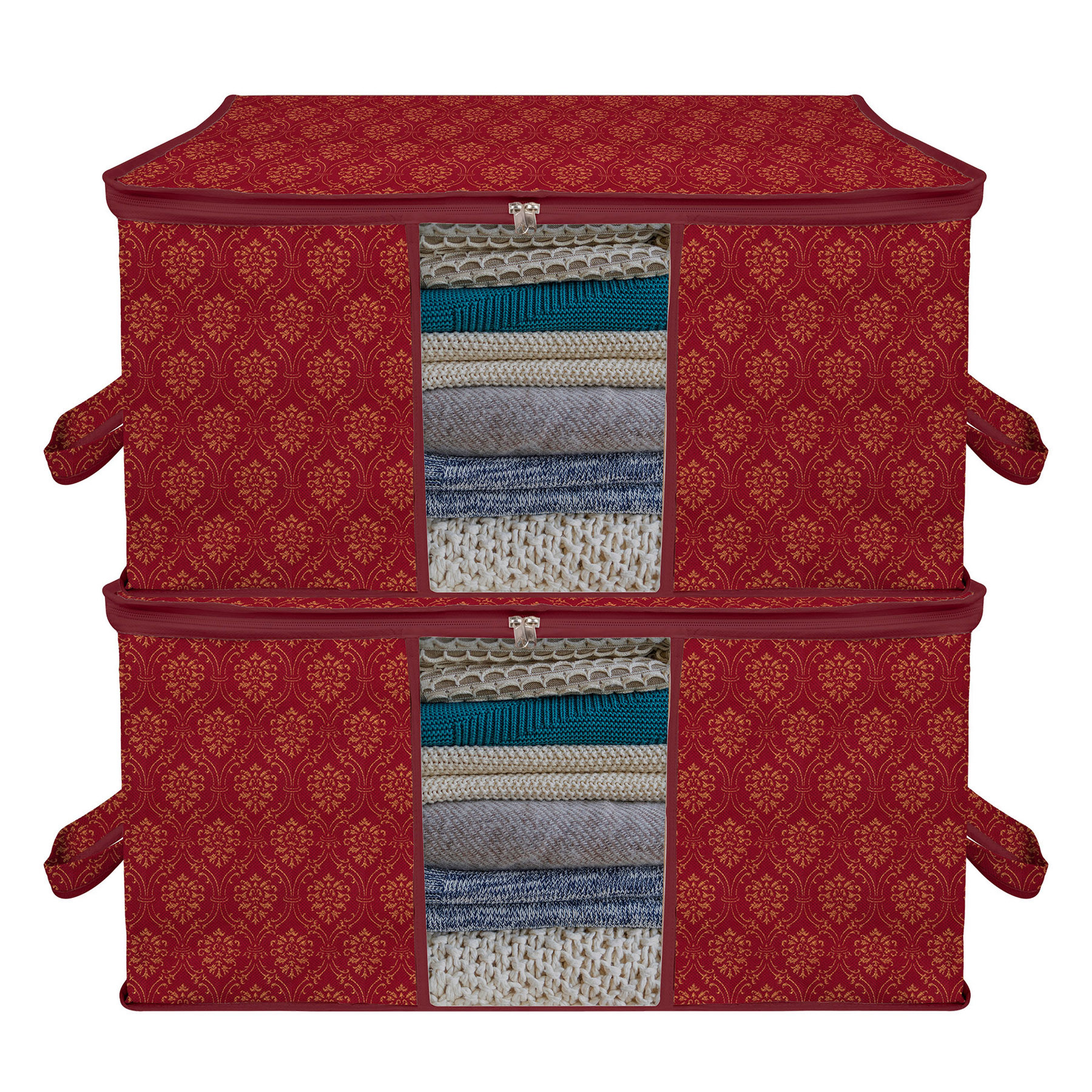 Kuber Industries Underbed Storage Bag | Clothes Storage Organizer | Clear Window Blanket Cover | Cloth Organizer with Handle | Golden Printed-Design | Large |Maroon