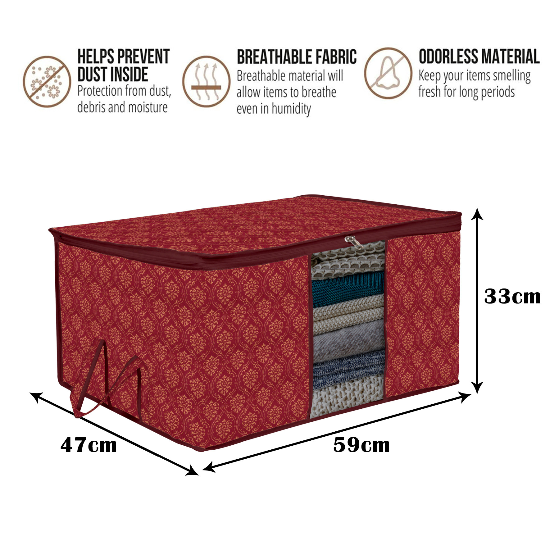 Kuber Industries Underbed Storage Bag | Clothes Storage Organizer | Clear Window Blanket Cover | Cloth Organizer with Handle | Golden Printed-Design | Large |Maroon