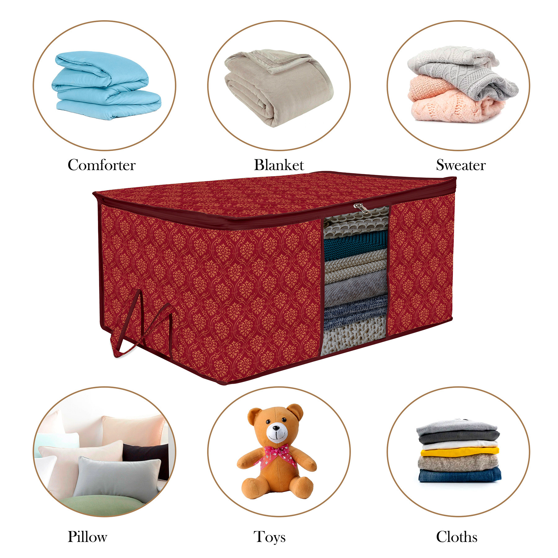 Kuber Industries Underbed Storage Bag | Clothes Storage Organizer | Clear Window Blanket Cover | Cloth Organizer with Handle | Golden Printed-Design | Large |Maroon