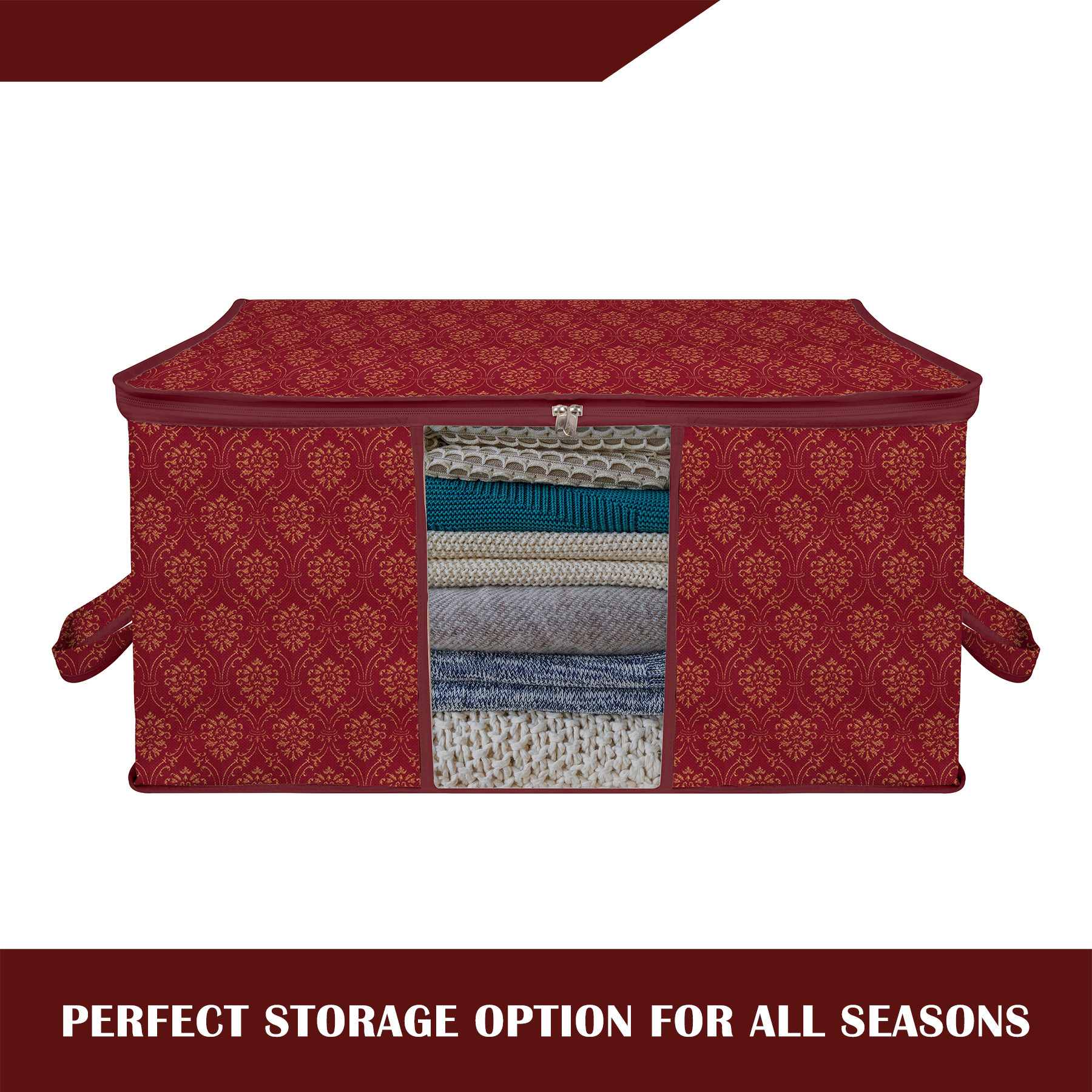Kuber Industries Underbed Storage Bag | Clothes Storage Organizer | Clear Window Blanket Cover | Cloth Organizer with Handle | Golden Printed-Design | Large |Maroon