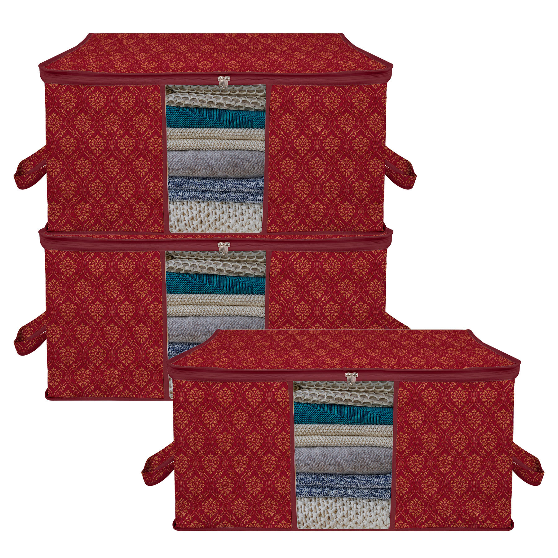 Kuber Industries Underbed Storage Bag | Clothes Storage Organizer | Clear Window Blanket Cover | Cloth Organizer with Handle | Golden Printed-Design | Large |Maroon