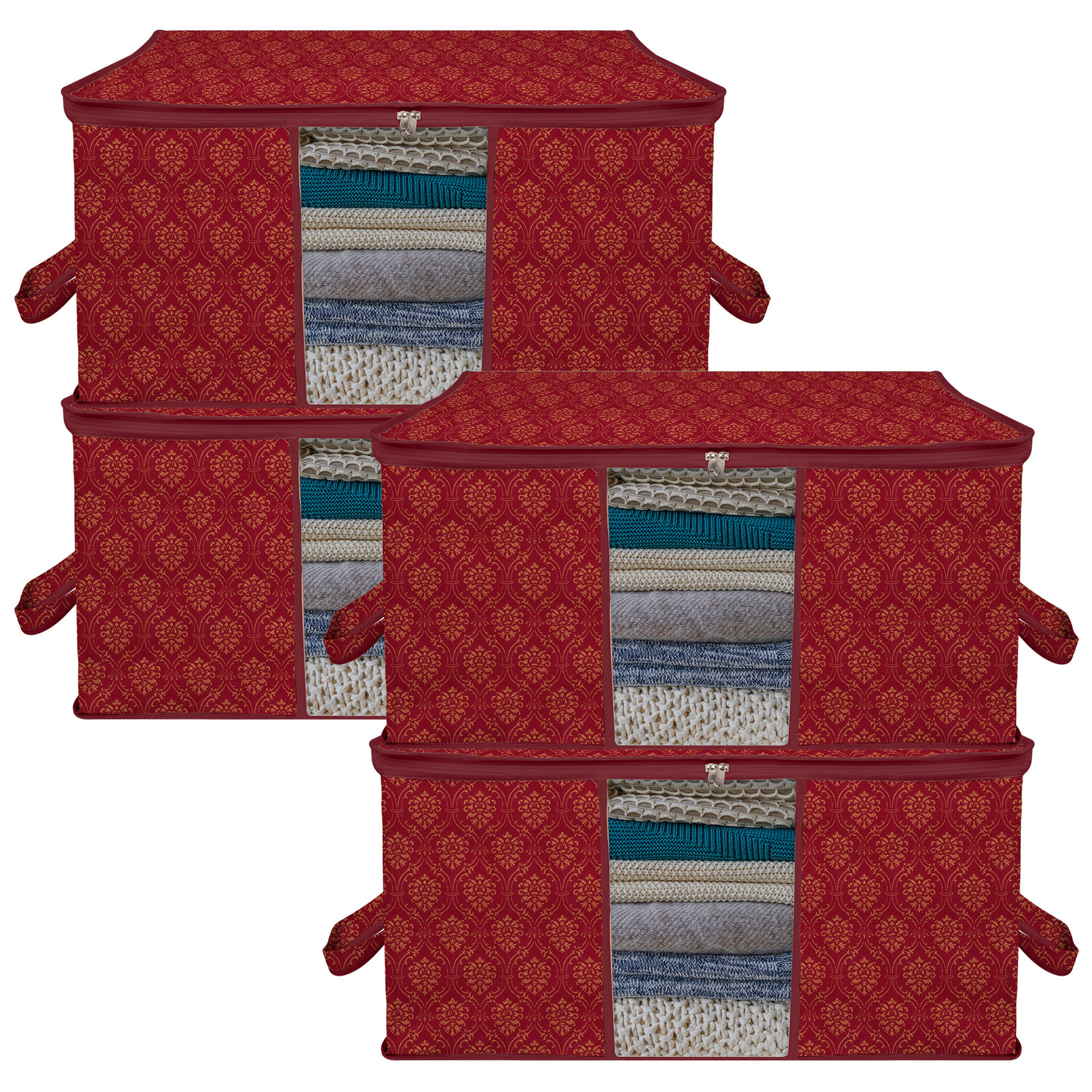 Kuber Industries Underbed Storage Bag | Clothes Storage Organizer | Clear Window Blanket Cover | Cloth Organizer with Handle | Golden Printed-Design | Large |Maroon