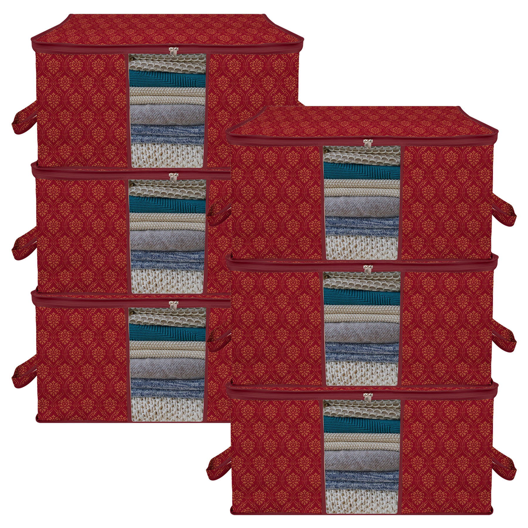 Kuber Industries Underbed Storage Bag | Clothes Storage Organizer | Clear Window Blanket Cover | Cloth Organizer with Handle | Golden Printed-Design | Large |Maroon