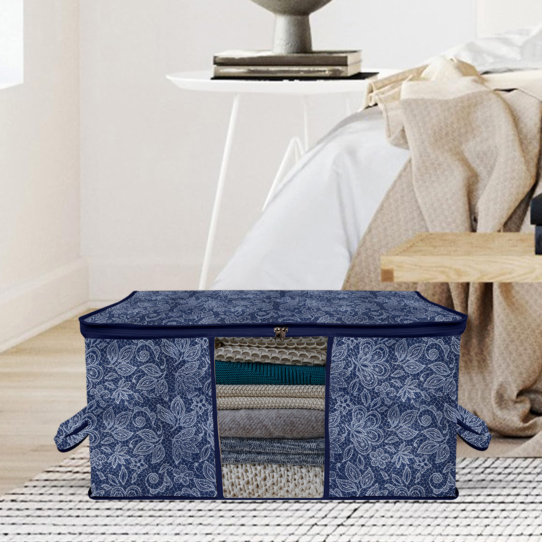 Kuber Industries Underbed Storage Bag  Clothes Storage Organizer  Visible Window Wardrobe Bag  Closet Organization with Handle  Flower Printed Storage Bag  Pack of 2  Navy Blue