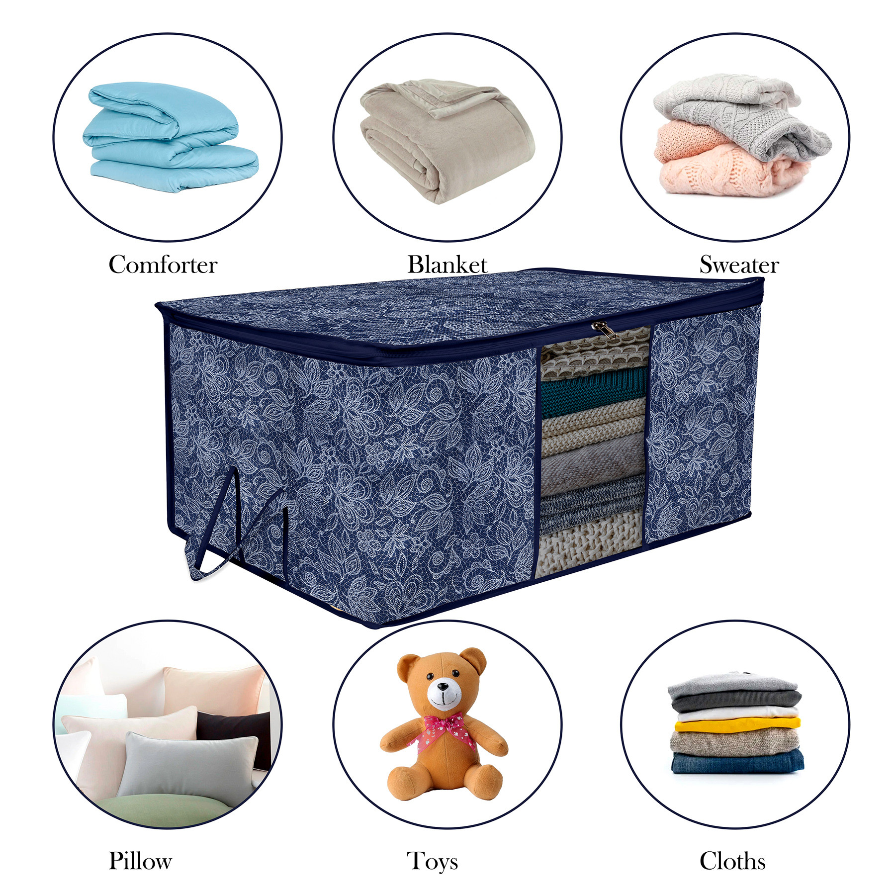 Kuber Industries Underbed Storage Bag  Clothes Storage Organizer  Visible Window Wardrobe Bag  Closet Organization with Handle  Flower Printed Storage Bag  Pack of 2  Navy Blue