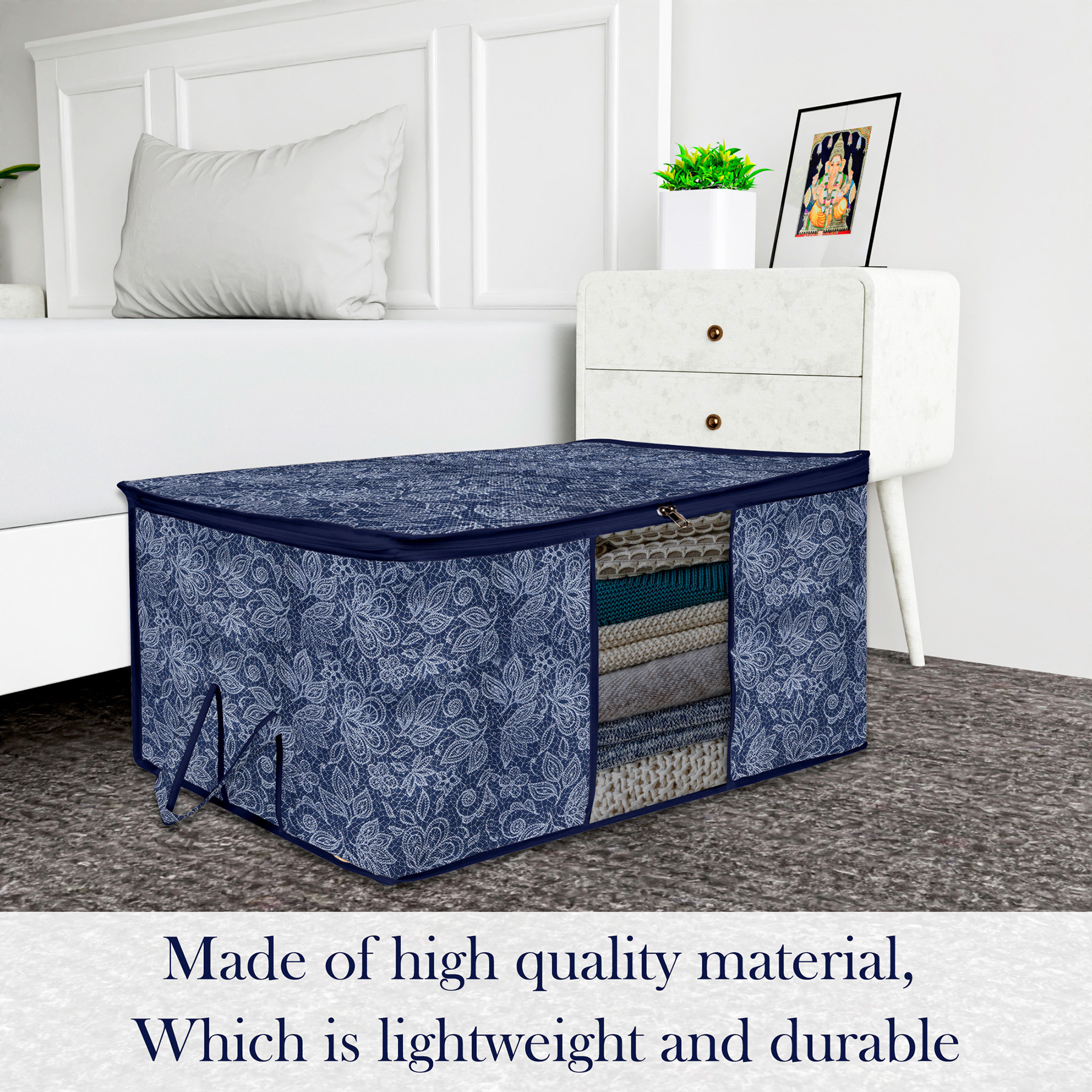 Kuber Industries Underbed Storage Bag  Clothes Storage Organizer  Visible Window Wardrobe Bag  Closet Organization with Handle  Flower Printed Storage Bag  Pack of 2  Navy Blue