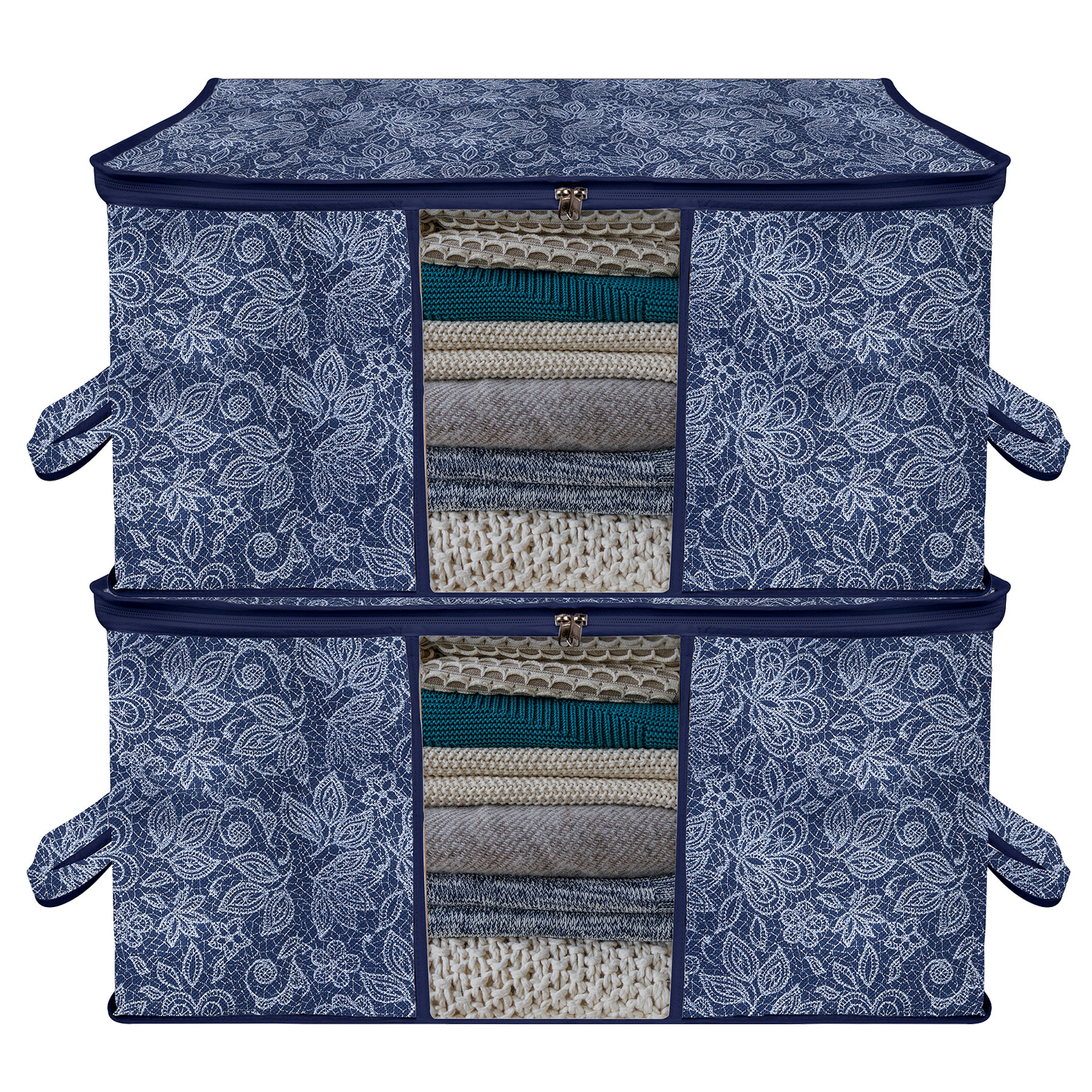 Kuber Industries Underbed Storage Bag | Clothes Storage Organizer | Visible Window Wardrobe Bag | Closet Organization with Handle | Flower Printed Storage Bag | Pack of 2 | Navy Blue
