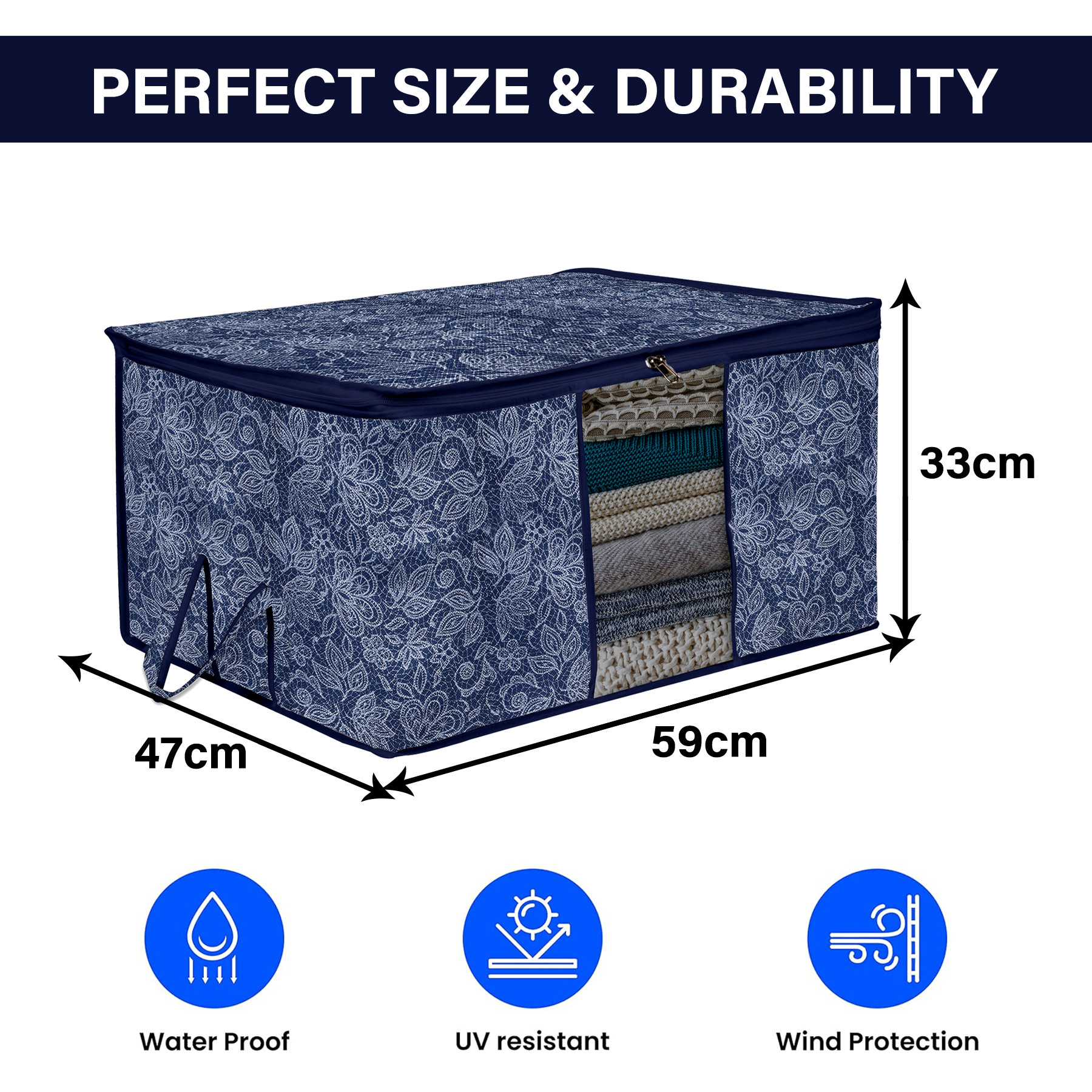 Kuber Industries Underbed Storage Bag | Clothes Storage Organizer | Visible Window Wardrobe Bag | Closet Organization with Handle | Flower Printed Storage Bag | Pack of 2 | Navy Blue