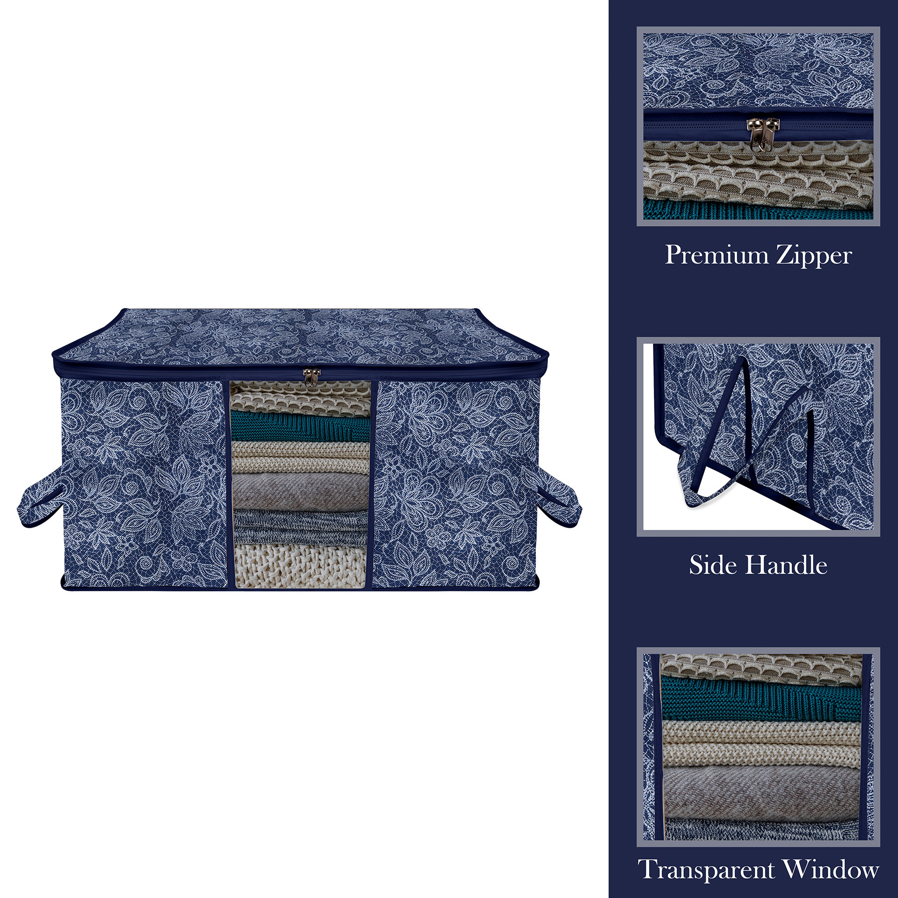 Kuber Industries Underbed Storage Bag | Clothes Storage Organizer | Visible Window Wardrobe Bag | Closet Organization with Handle | Flower Printed Storage Bag | Pack of 2 | Navy Blue