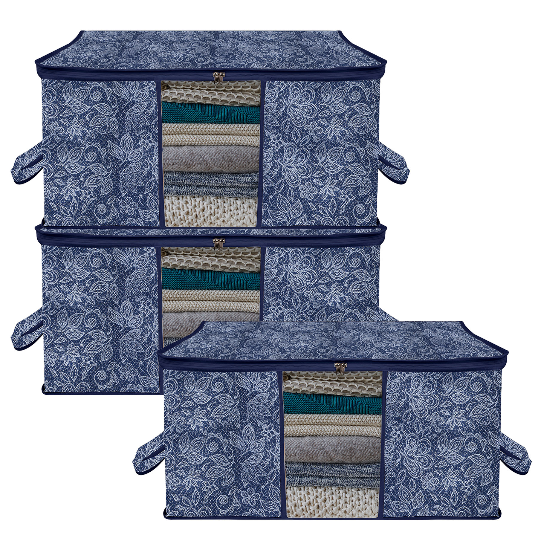 Kuber Industries Underbed Storage Bag | Clothes Storage Organizer | Visible Window Wardrobe Bag | Closet Organization with Handle | Flower Printed Storage Bag | Pack of 3 | Navy Blue