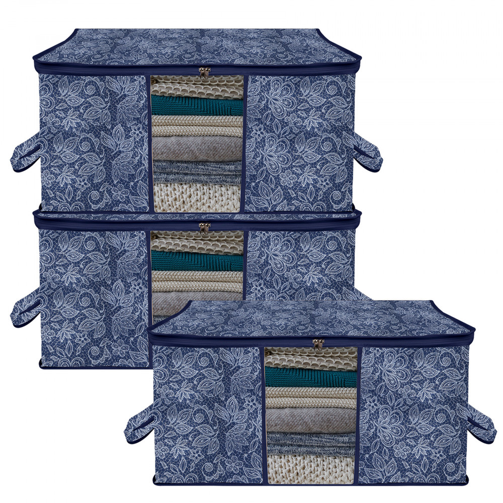Kuber Industries Underbed Storage Bag | Clothes Storage Organizer | Visible Window Wardrobe Bag | Closet Organization with Handle | Flower Printed Storage Bag | Pack of 3 | Navy Blue