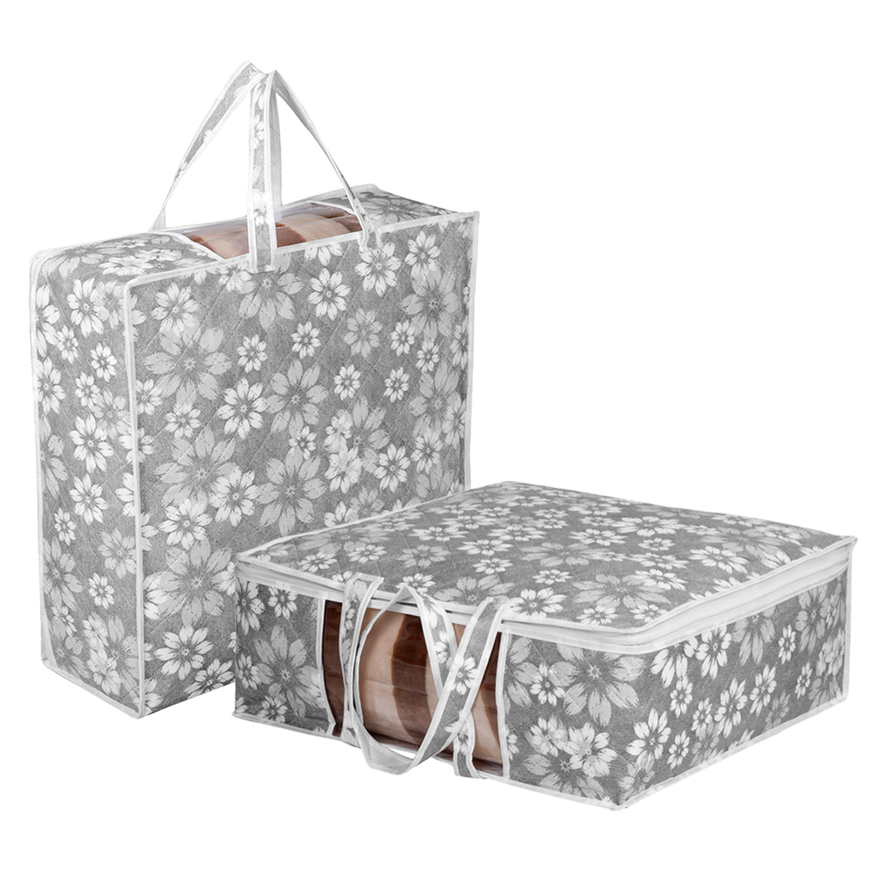 Kuber Industries Underbed Storage Bag | Clothes Storage Organizer | Visible Window Wardrobe Bag | Closet Organization with Handle | Flower Printed Storage Bag | Pack of 4 | Navy Blue