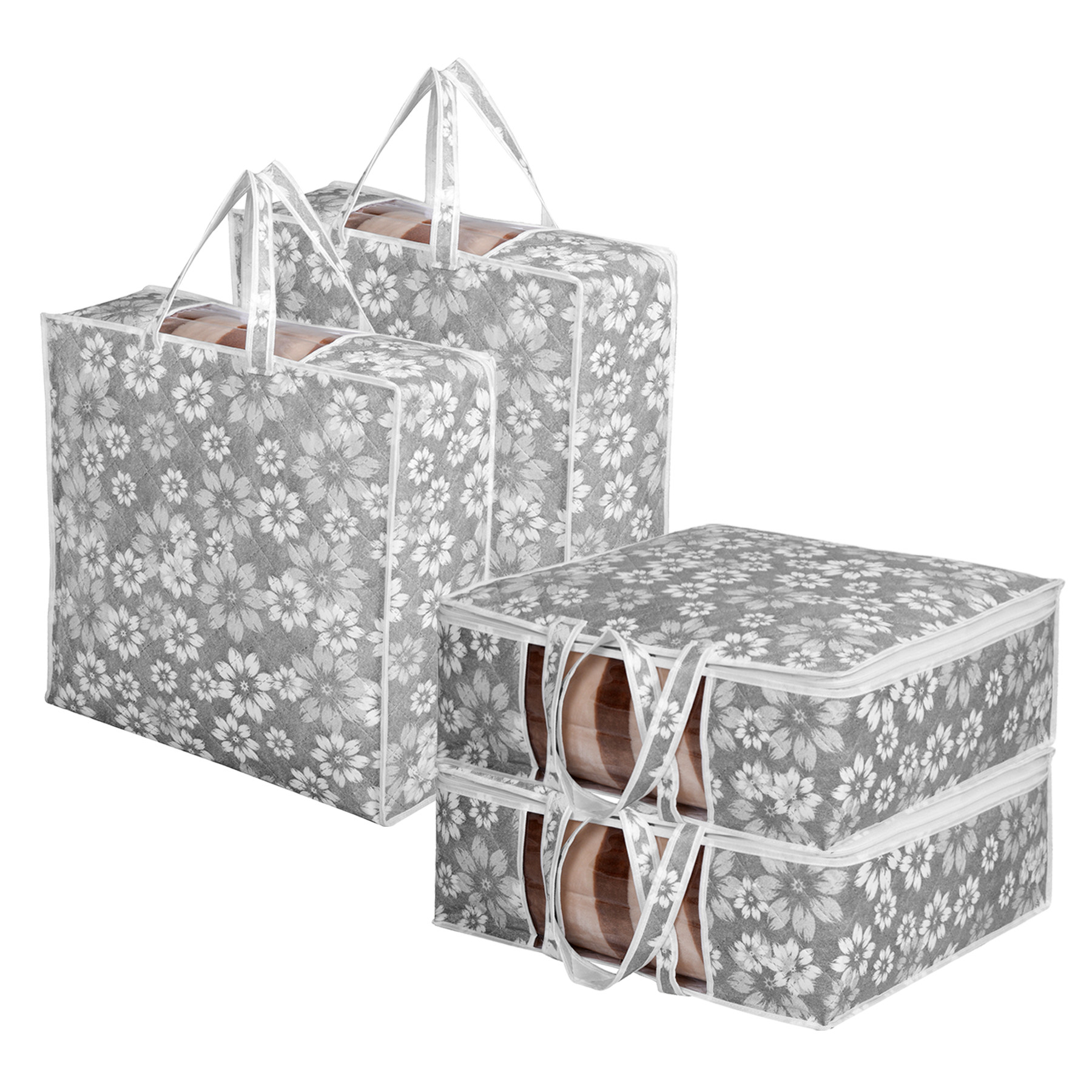 Kuber Industries Underbed Storage Bag | Clothes Storage Organizer | Visible Window Wardrobe Bag | Closet Organization with Handle | Flower Printed Storage Bag | Pack of 4 | Navy Blue