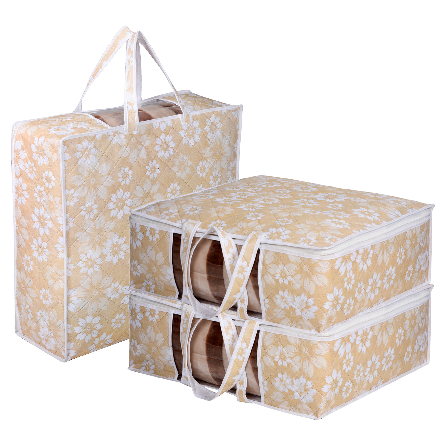 Kuber Industries Underbed Storage Bag | Clothes Storage Organizer | Visible Window Wardrobe Bag | Closet Organization with Handle | Flower Printed Storage Bag | Pack of 4 | Navy Blue