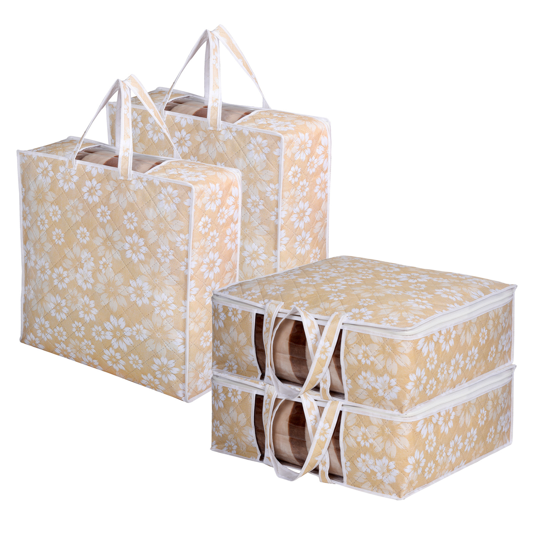 Kuber Industries Underbed Storage Bag | Clothes Storage Organizer | Visible Window Wardrobe Bag | Closet Organization with Handle | Flower Printed Storage Bag | Pack of 4 | Navy Blue