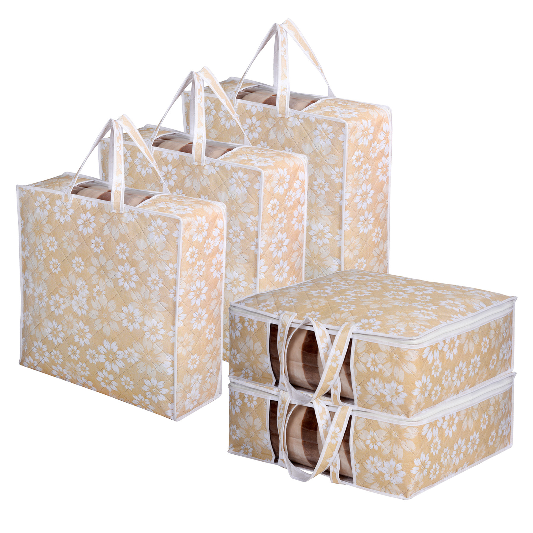 Kuber Industries Underbed Storage Bag | Clothes Storage Organizer | Visible Window Wardrobe Bag | Closet Organization with Handle | Flower Printed Storage Bag | Pack of 4 | Navy Blue