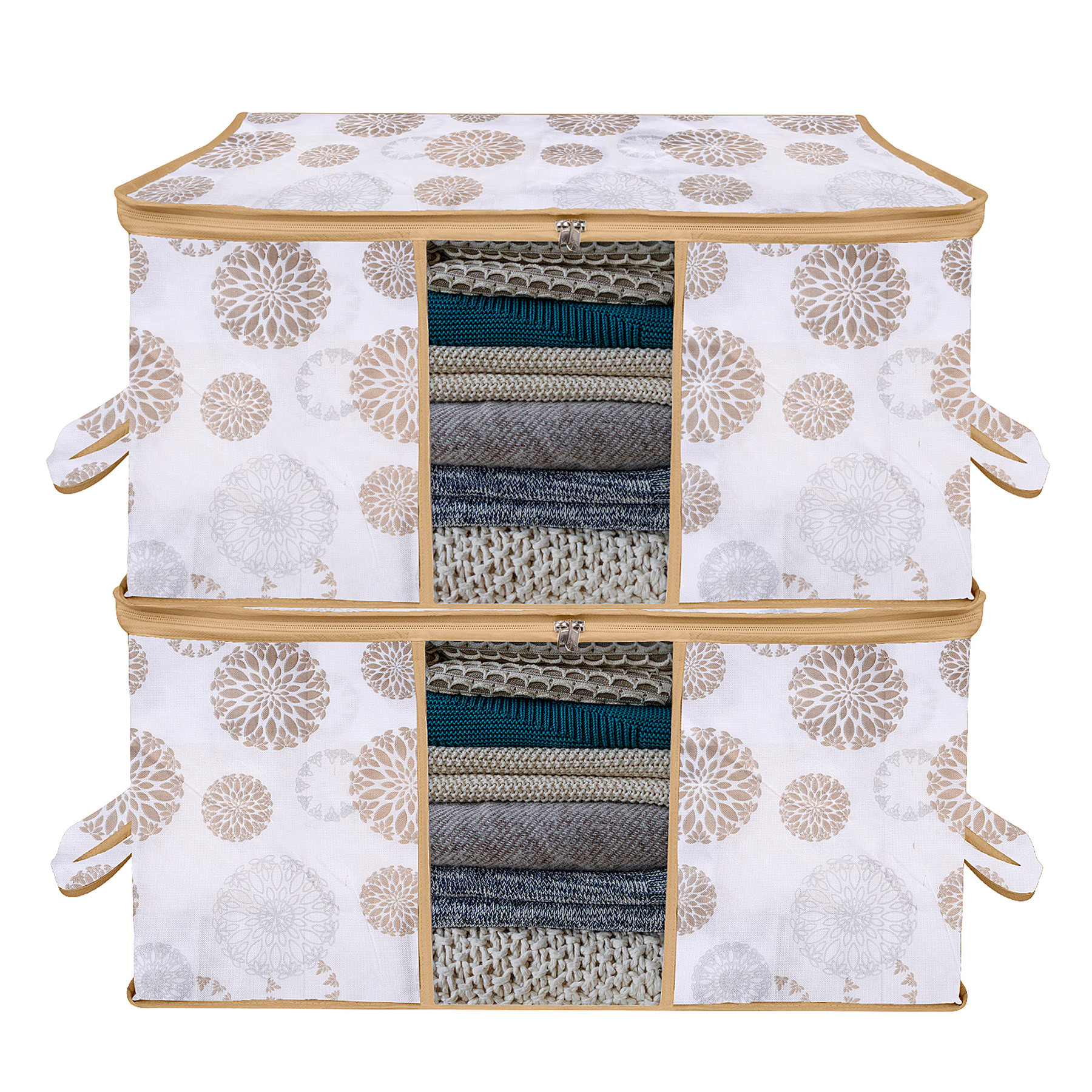 Kuber Industries Underbed Storage Bag | Clothes Storage Organizer | Visible Window Wardrobe Bag | Closet Organization with Handle | Zipper Clothes Bag | Gola-Print | White