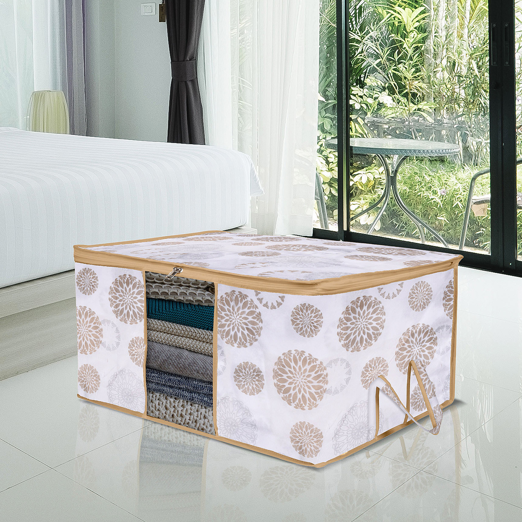 Kuber Industries Underbed Storage Bag | Clothes Storage Organizer | Visible Window Wardrobe Bag | Closet Organization with Handle | Zipper Clothes Bag | Gola-Print | White