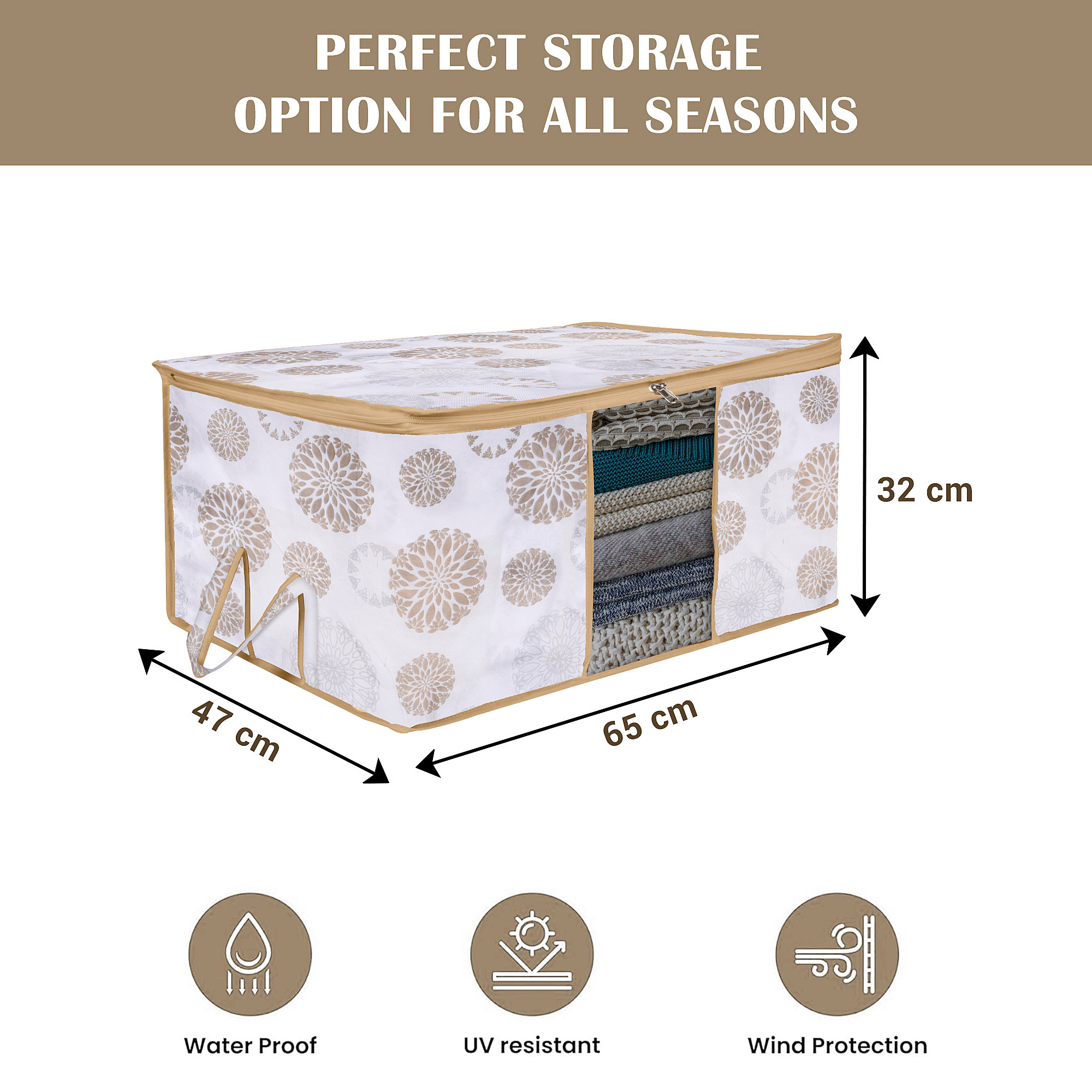 Kuber Industries Underbed Storage Bag | Clothes Storage Organizer | Visible Window Wardrobe Bag | Closet Organization with Handle | Zipper Clothes Bag | Gola-Print | White
