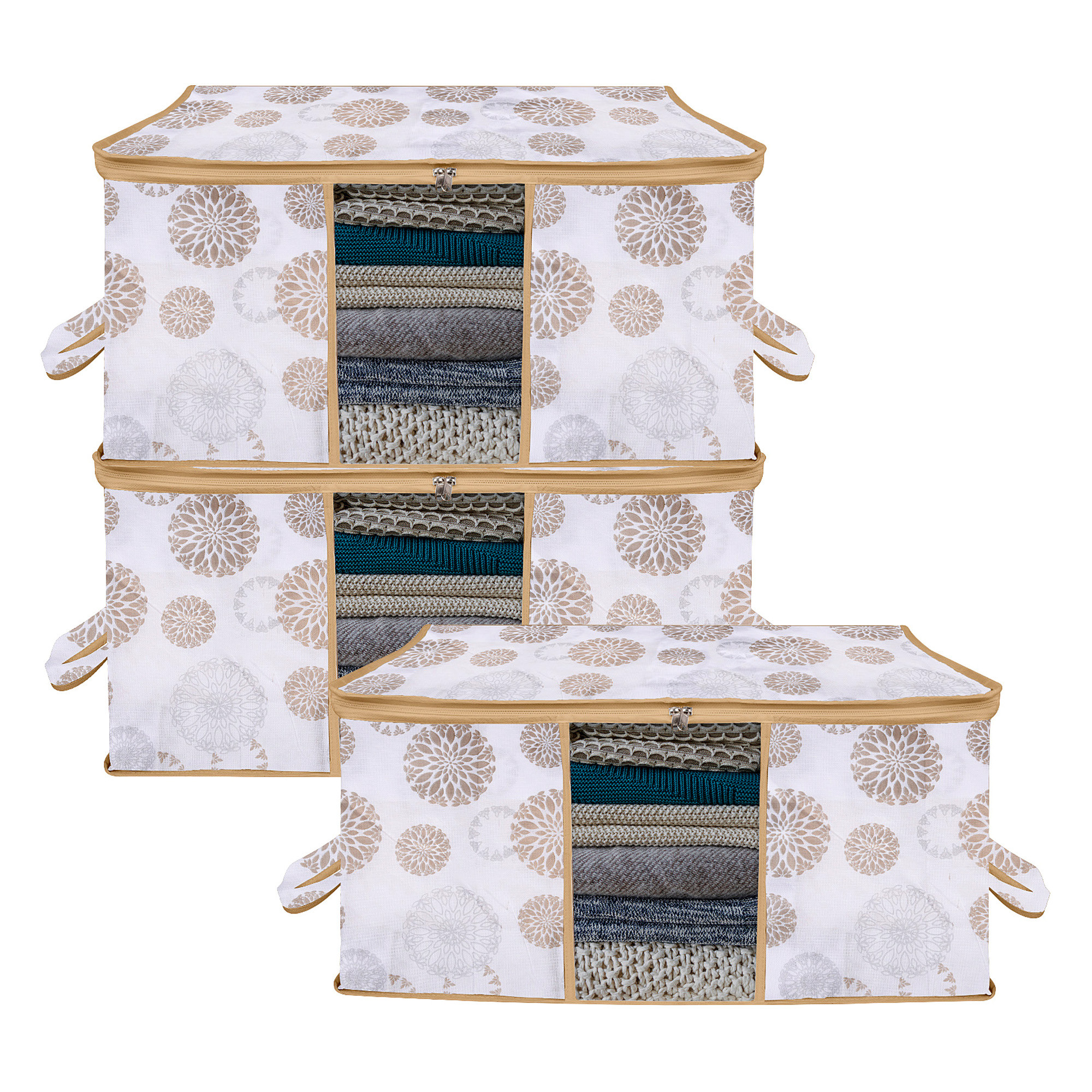 Kuber Industries Underbed Storage Bag | Clothes Storage Organizer | Visible Window Wardrobe Bag | Closet Organization with Handle | Zipper Clothes Bag | Gola-Print | White