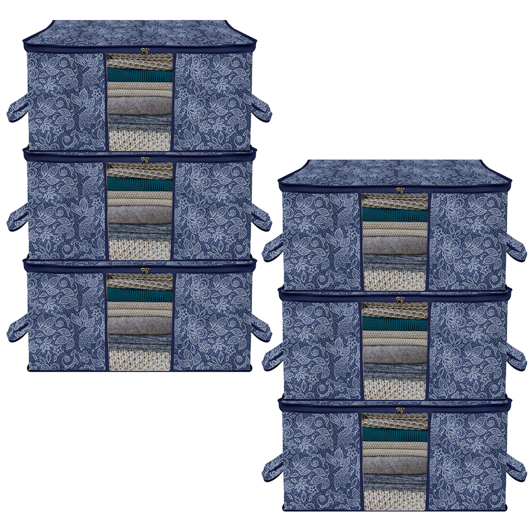 Kuber Industries Underbed Storage Bag | Clothes Storage Organizer | Visible Window Wardrobe Bag | Closet Organization with Handle | Flower Printed Storage Bag | Pack of 6 | Navy Blue