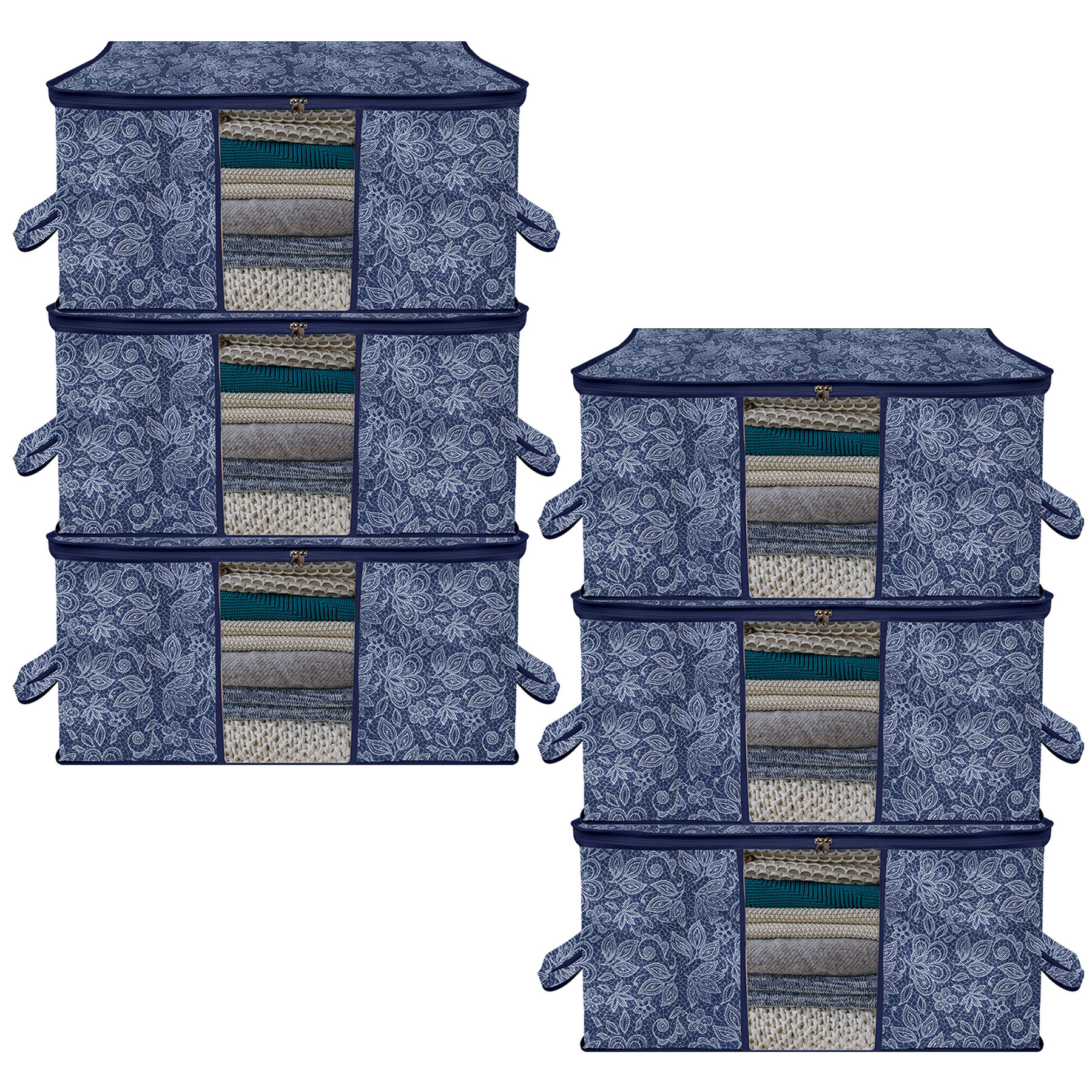 Kuber Industries Underbed Storage Bag | Clothes Storage Organizer | Visible Window Wardrobe Bag | Closet Organization with Handle | Flower Printed Storage Bag | Pack of 6 | Navy Blue